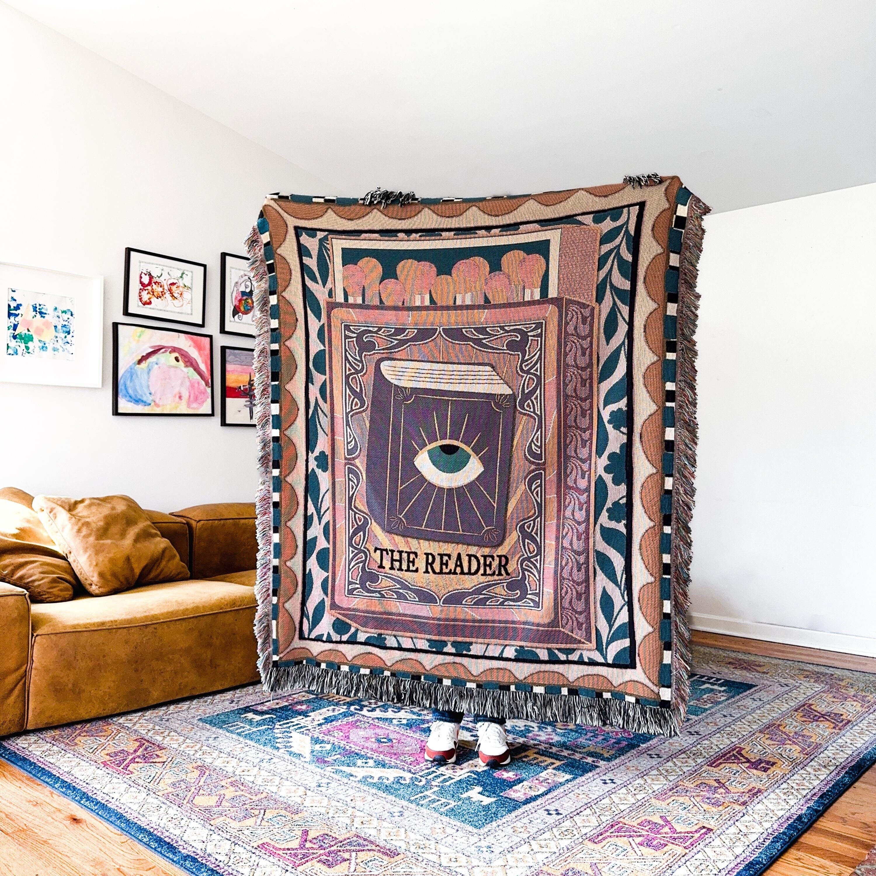 Tarot Card Reader Woven Throw Blanket, Book Nook Tapestry, Custom Tapestry For Readers, Maximalist Decor, Tarot Wall Tapestry, Custom Gift