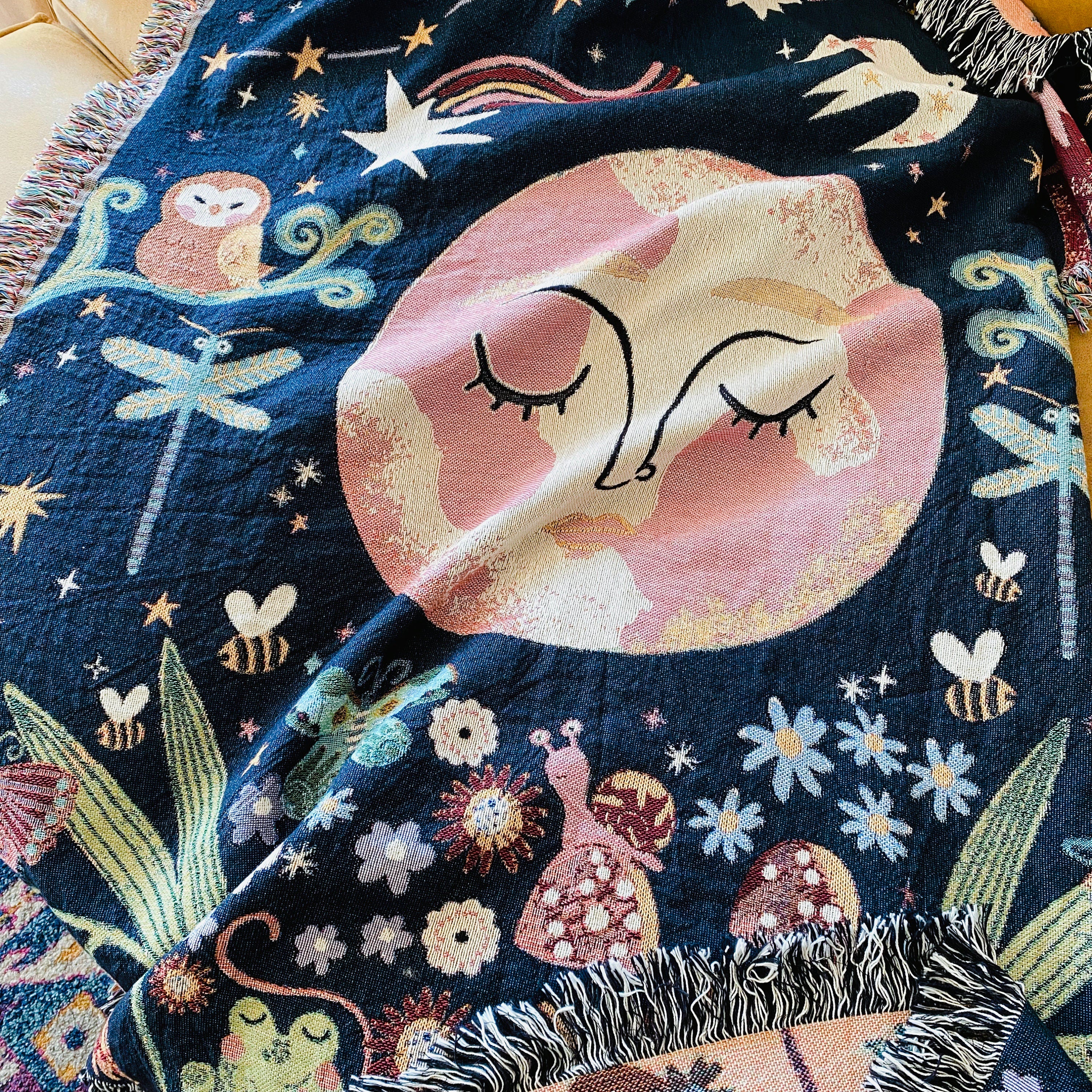 Whimsical Woven Blanket, Magical Forest Woven Tapestry, Decorative Throw, Garden Throw Blanket, Booknook Blanket, Moon Celestial Throw Couch