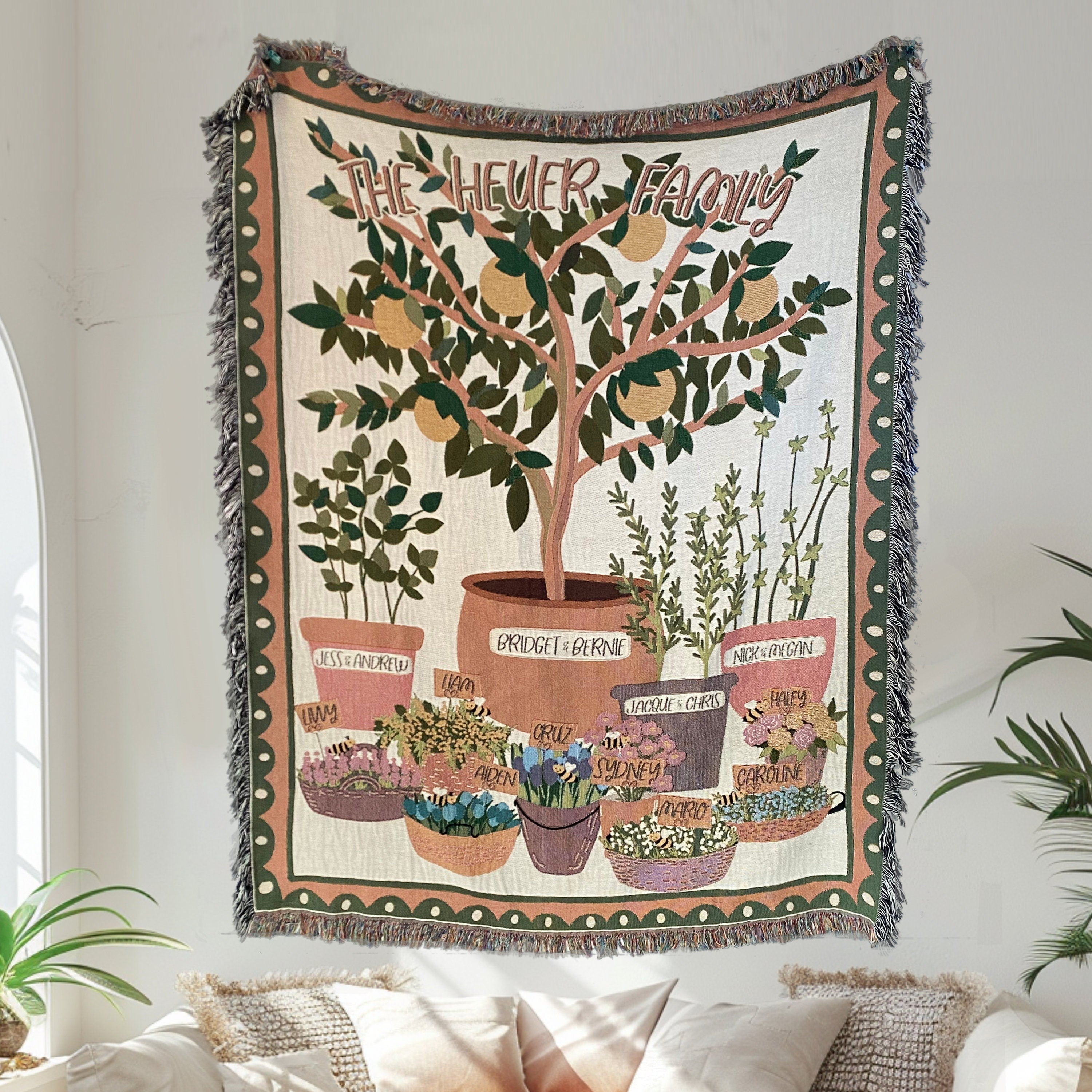 Family Tree Custom Tapestry Blanket, Grandmas Garden Woven Blanket, Personalized Mother'S Day Gift, Family Names Gift, Mimi'S Garden