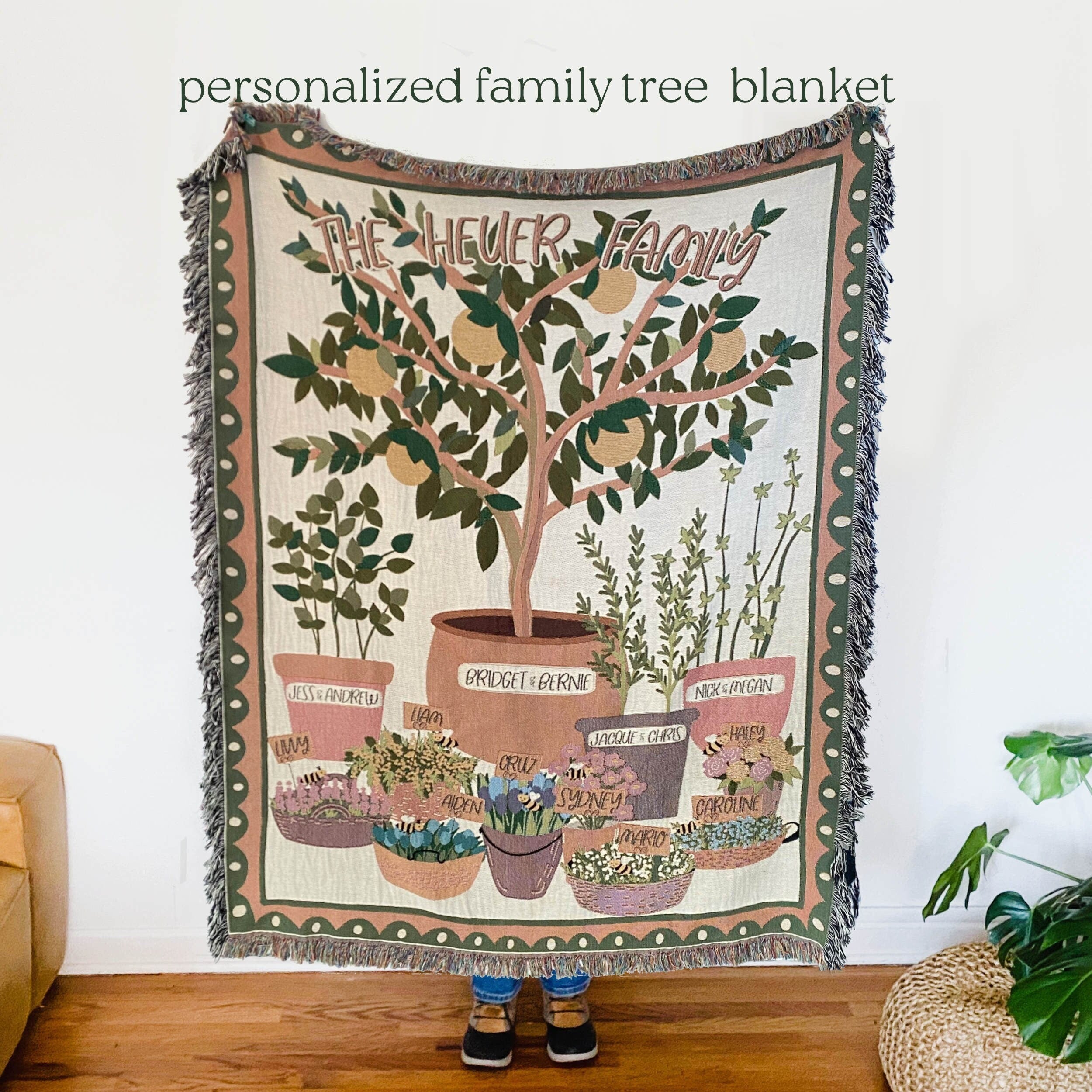 Family Tree Custom Tapestry Blanket, Grandmas Garden Woven Blanket, Personalized Mother'S Day Gift, Family Names Gift, Mimi'S Garden