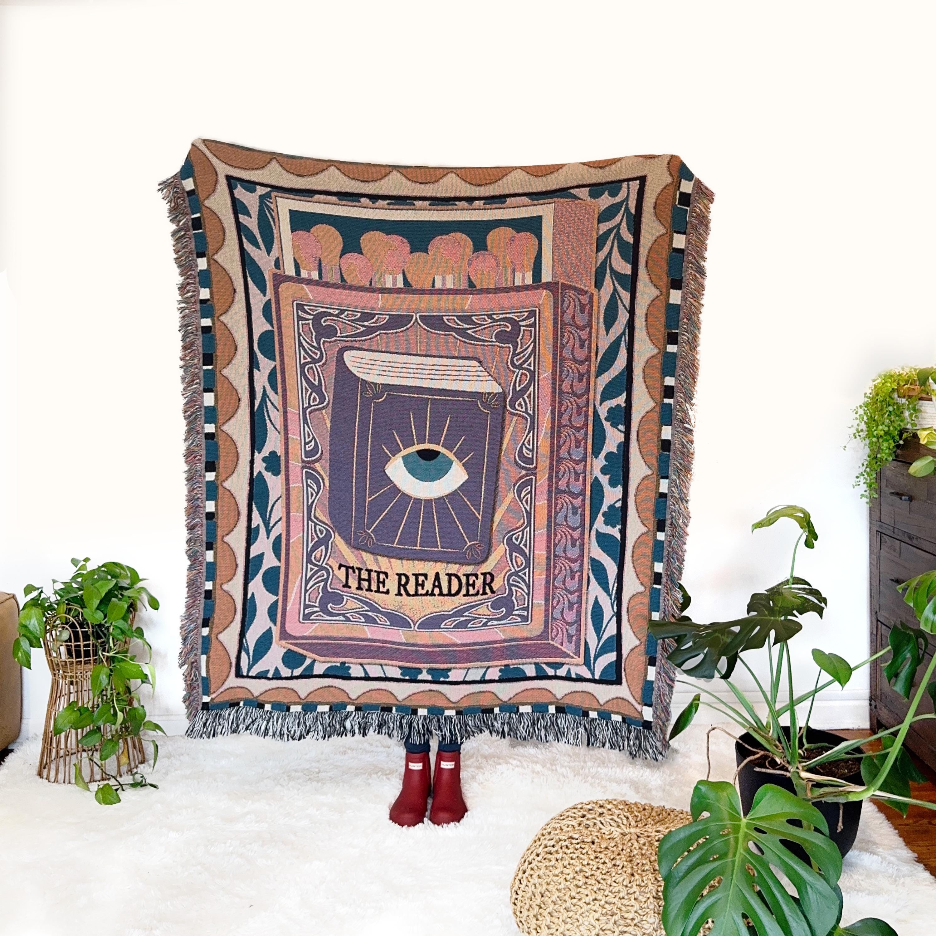 Tarot Card Reader Woven Throw Blanket, Book Nook Tapestry, Custom Tapestry For Readers, Maximalist Decor, Tarot Wall Tapestry, Custom Gift