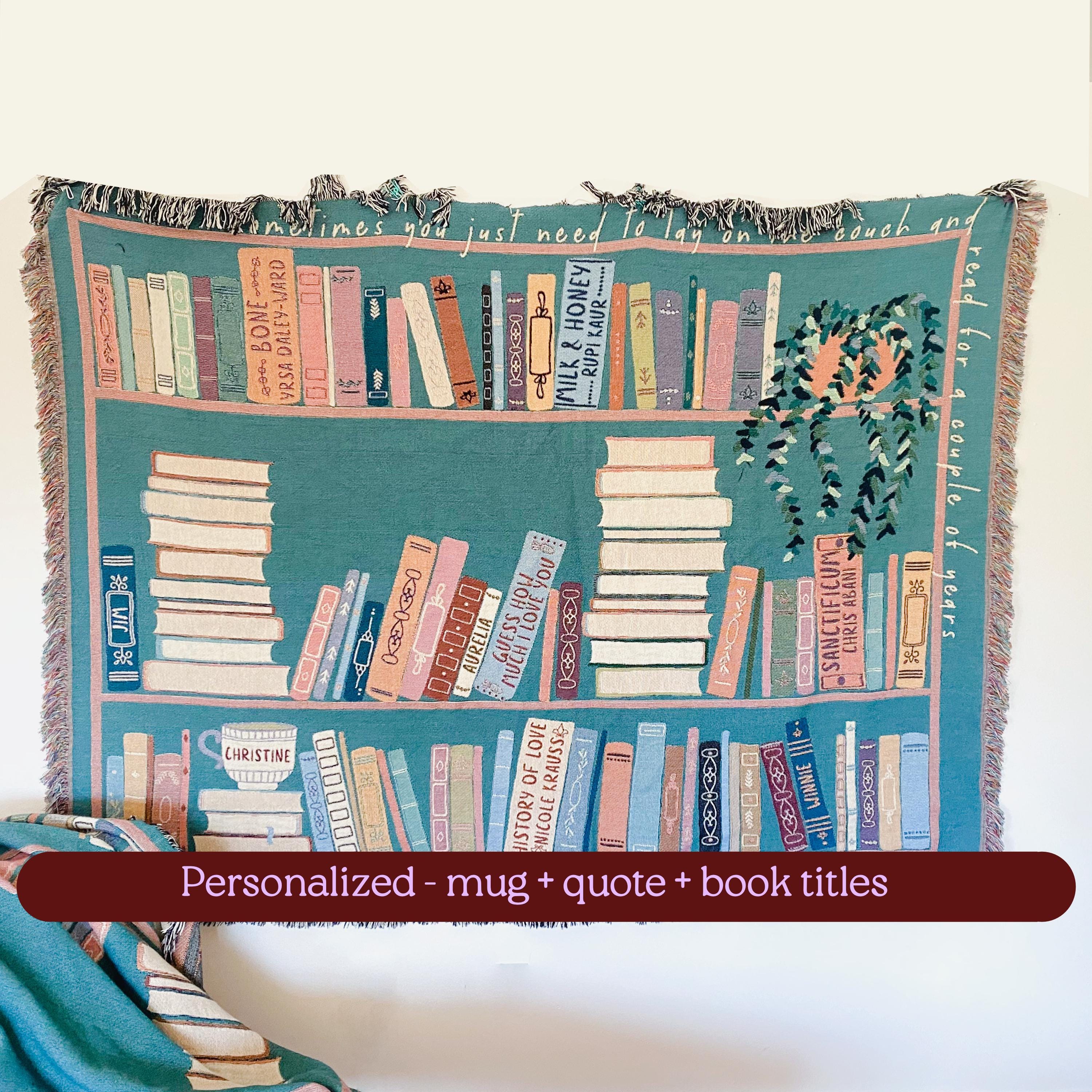Book Lover Throw Blanket Bookish Woven Tapestry Personalized Gift For Readers Personalized Gift Bookshelf And Plants Decor