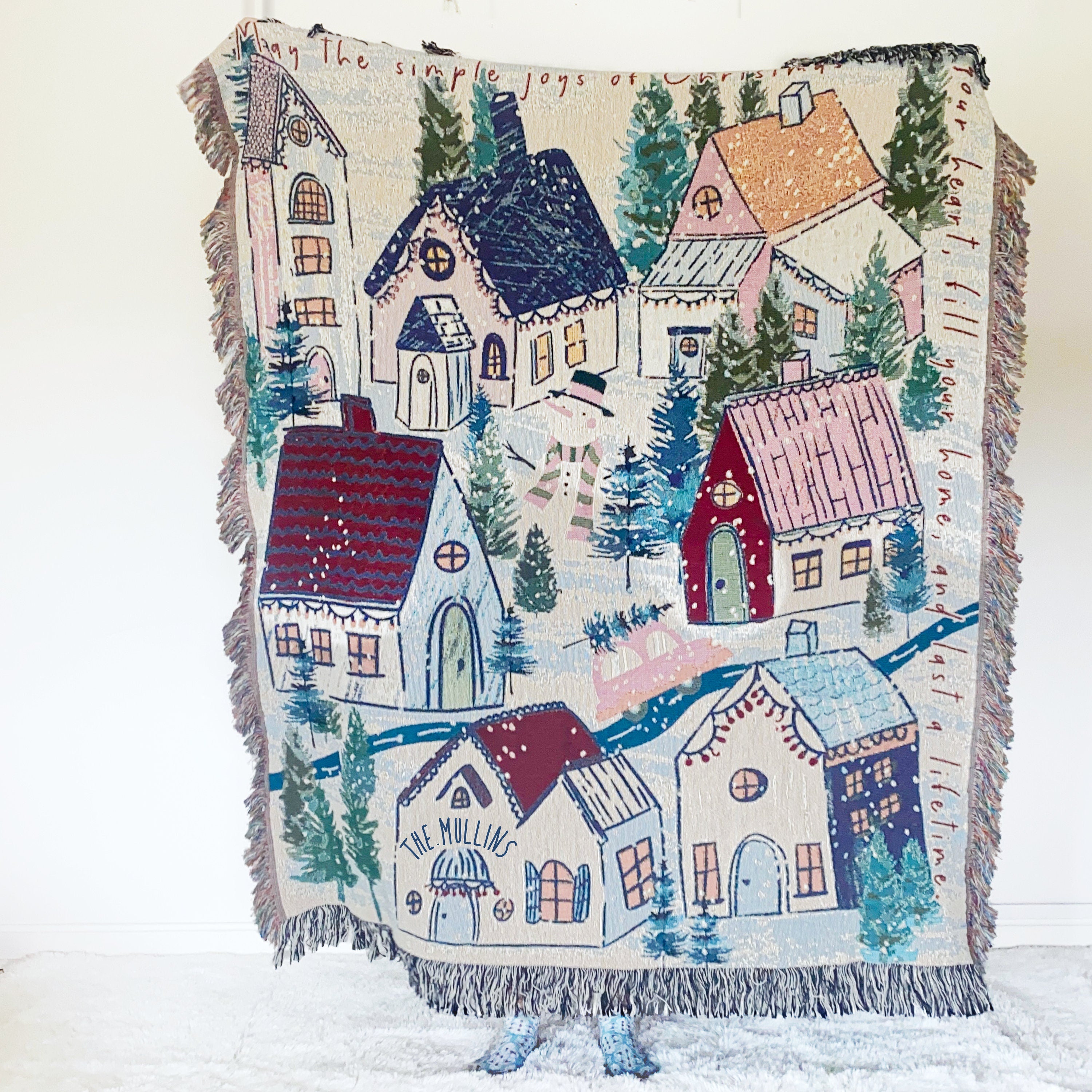 Holiday Cozy Decor. Winter Village Woven Throw Blanket. Personalized Christmas Gift. Christmas Tree Decor.