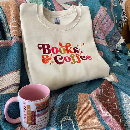 Books and Coffee Sweatshirt, Book Lover Gift, Bookish Sweatshirt, Reading Sweatshirt. Bookish, Embroidered