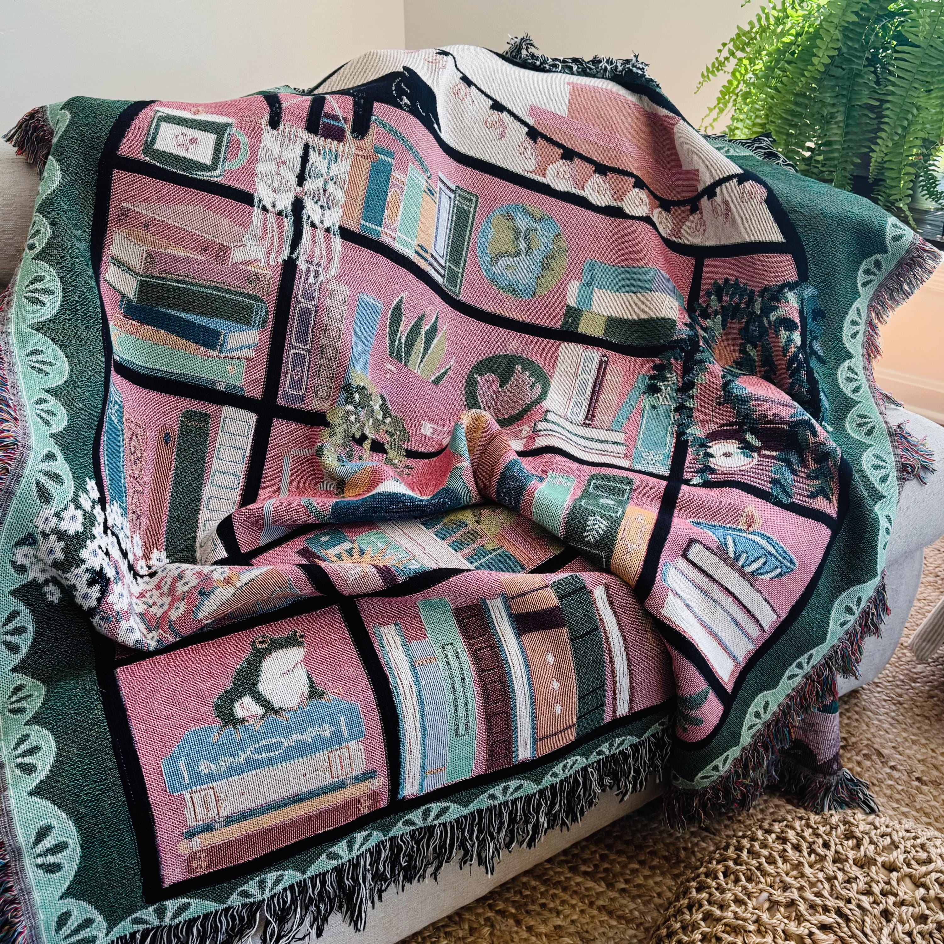 Bookshelf Throw Blanket: Bookish Woven Tapestry, Personalized Gift For Readers, Custom Housewarming Gift, Book Lover Wall Hanging Tapestry