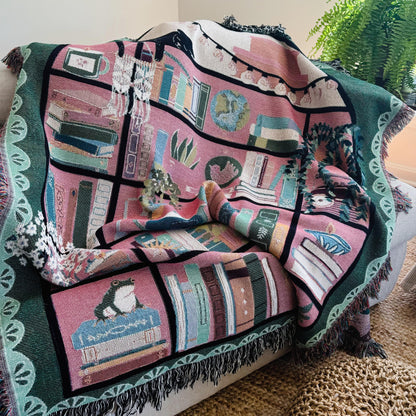 Bookshelf Throw Blanket: Bookish Woven Tapestry, Personalized Gift For Readers, Custom Housewarming Gift, Book Lover Wall Hanging Tapestry