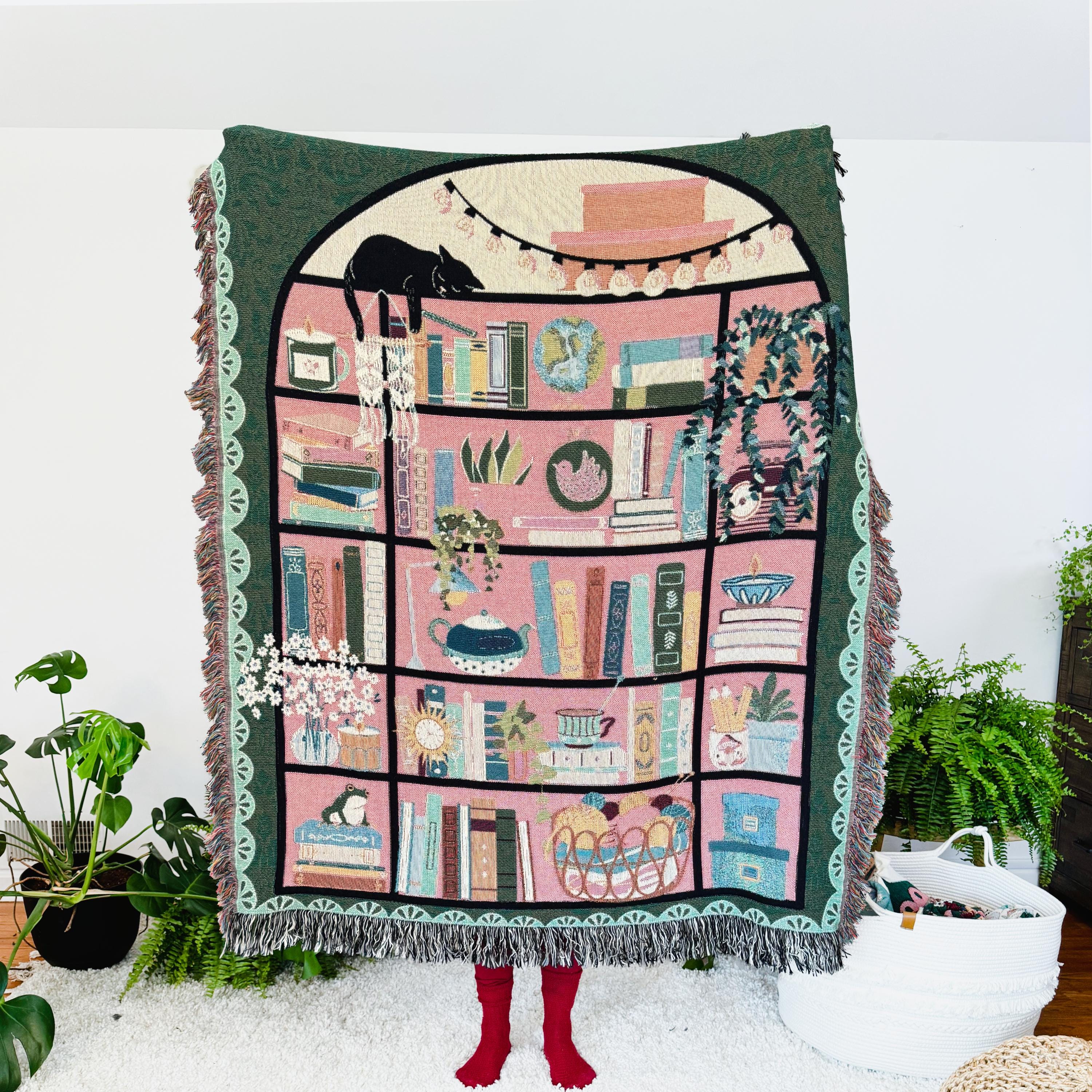 Bookshelf Throw Blanket: Bookish Woven Tapestry, Personalized Gift For Readers, Custom Housewarming Gift, Book Lover Wall Hanging Tapestry