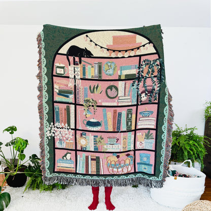 Bookshelf Throw Blanket: Bookish Woven Tapestry, Personalized Gift For Readers, Custom Housewarming Gift, Book Lover Wall Hanging Tapestry