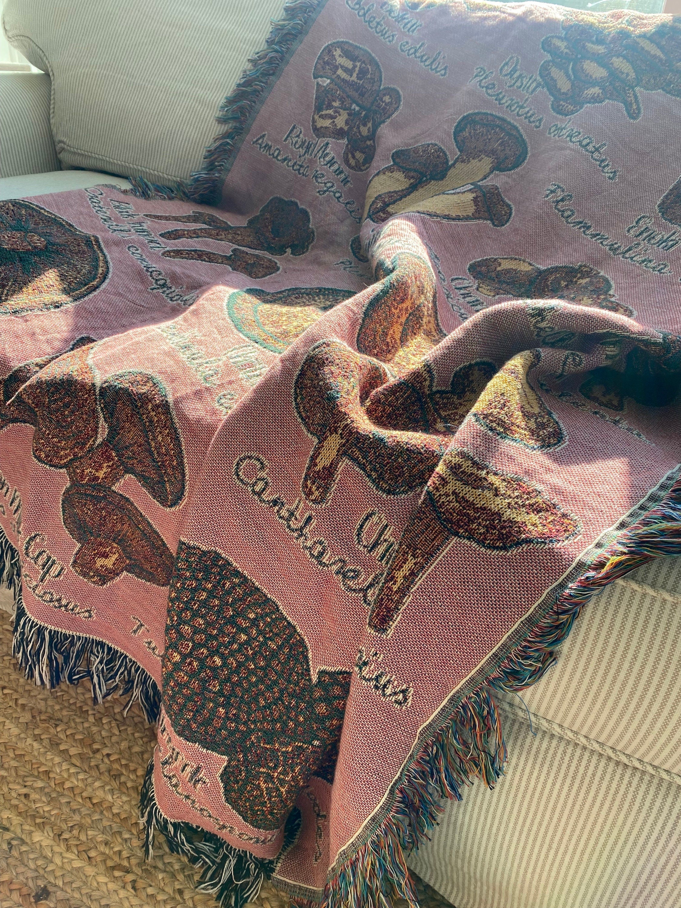 Mushroom Woven Throw Blanket Magic Mushroom Lovers Gift Vintage Mushroom Tapestry Cabin Boho Blanket Pink Fairycore Tapestry Aesthetic