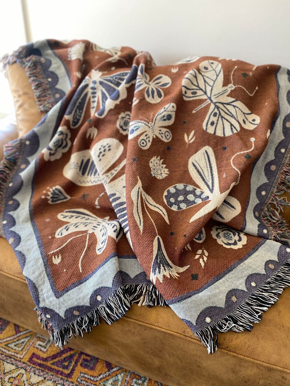 Butterflies and Moths Blanket, Modern Farmhouse Decor, Insect Tapestry Aesthetic Personalized Picnic Blanket, Book Nook Blanket, Hygge Decor