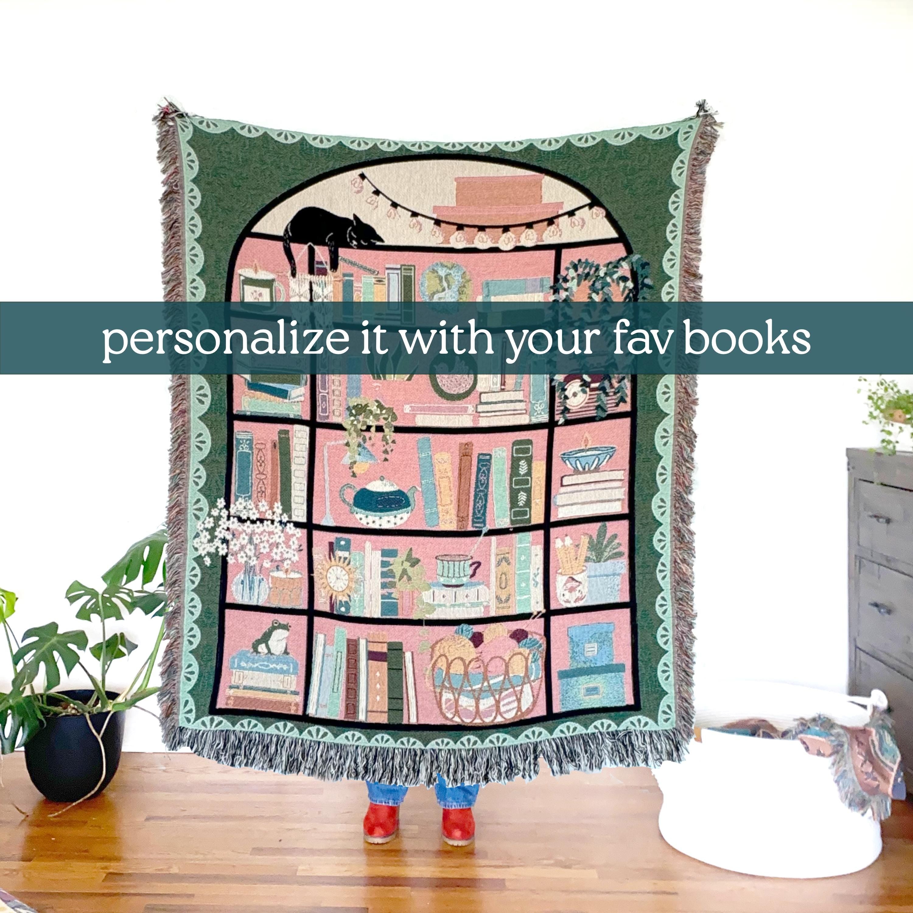 Bookshelf Throw Blanket: Bookish Woven Tapestry, Personalized Gift For Readers, Custom Housewarming Gift, Book Lover Wall Hanging Tapestry