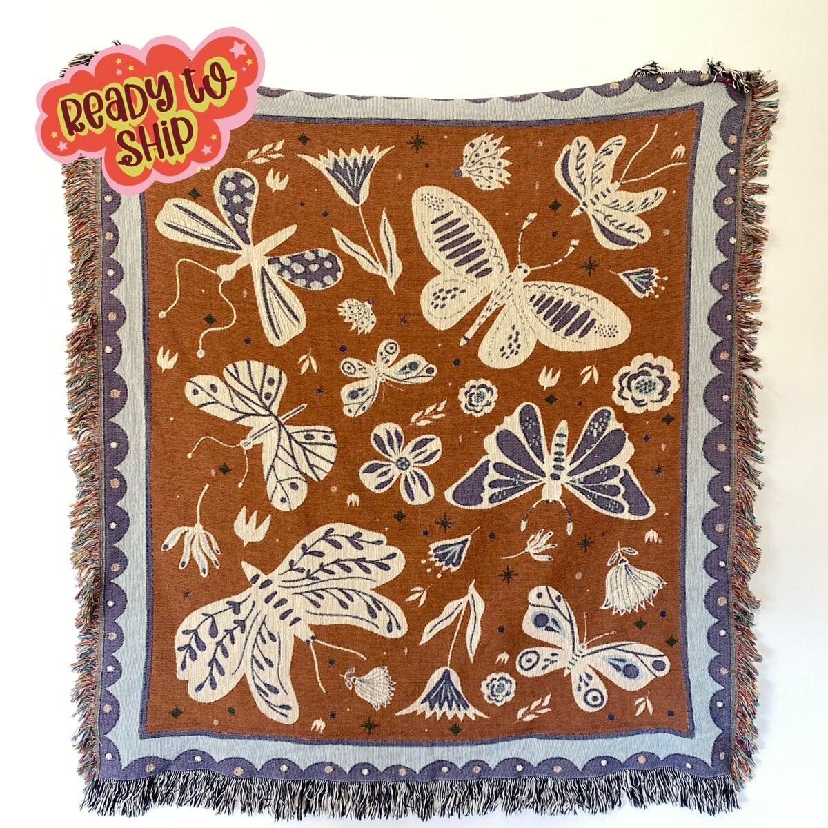 Butterflies and Moths Blanket, Modern Farmhouse Decor, Insect Tapestry Aesthetic Personalized Picnic Blanket, Book Nook Blanket, Hygge Decor