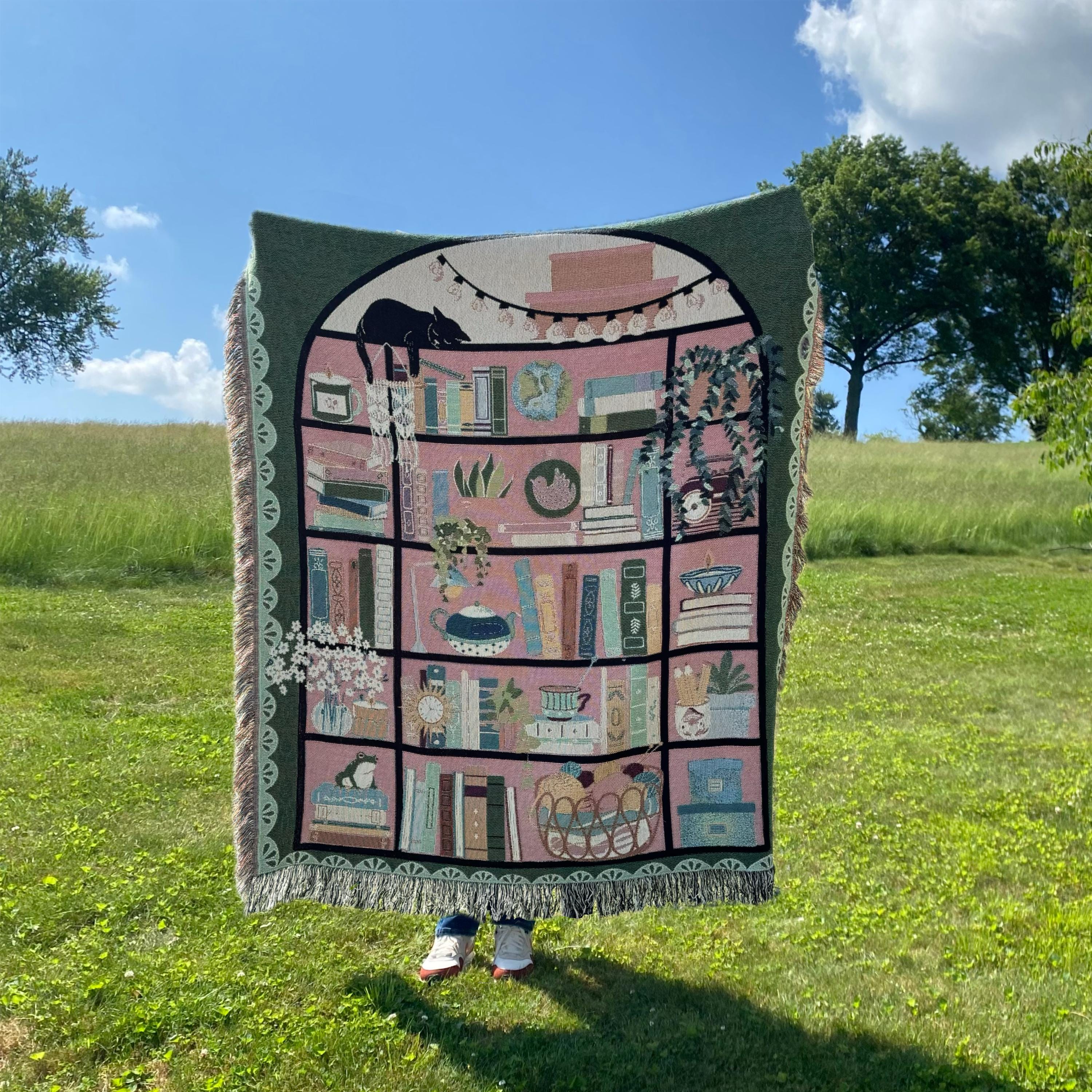 Bookshelf Throw Blanket: Bookish Woven Tapestry, Personalized Gift For Readers, Custom Housewarming Gift, Book Lover Wall Hanging Tapestry