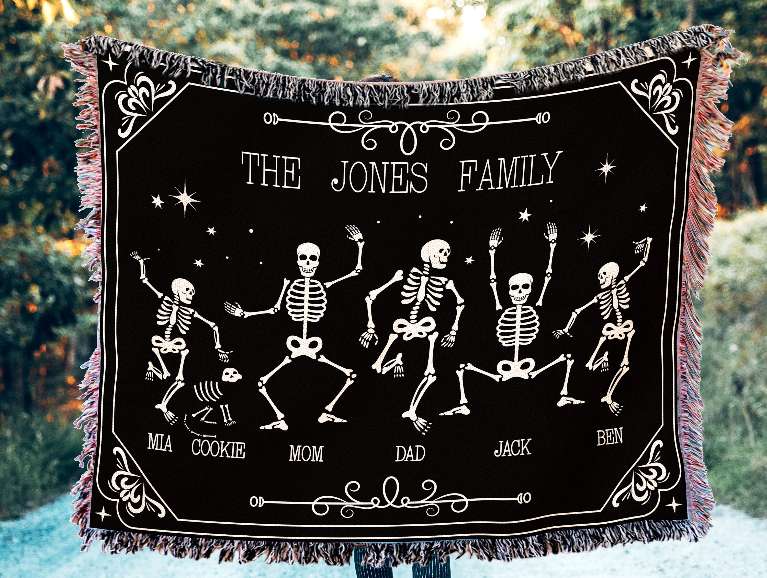 Eclectic Home Decor. Halloween Outdoor Decoration. Skeleton Throw Blanket Quirky Decor. Personalized Family Gift.  Funny Family Portrait