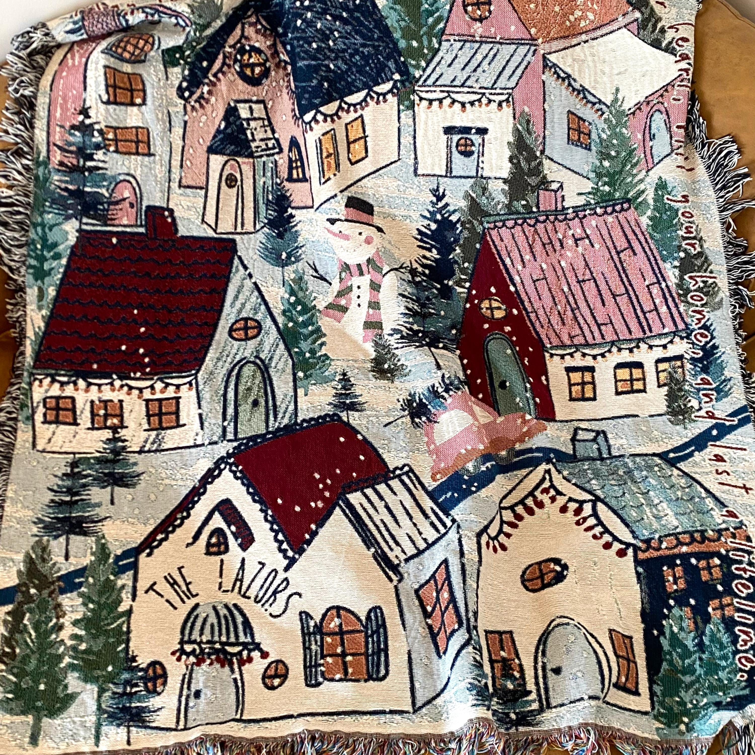 Personalized Family Holiday Decor. Winter Village Woven Throw Blanket. Personalized Christmas Gift. Christmas Tree Decor.