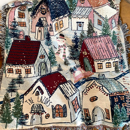 Personalized Family Holiday Decor. Winter Village Woven Throw Blanket. Personalized Christmas Gift. Christmas Tree Decor.