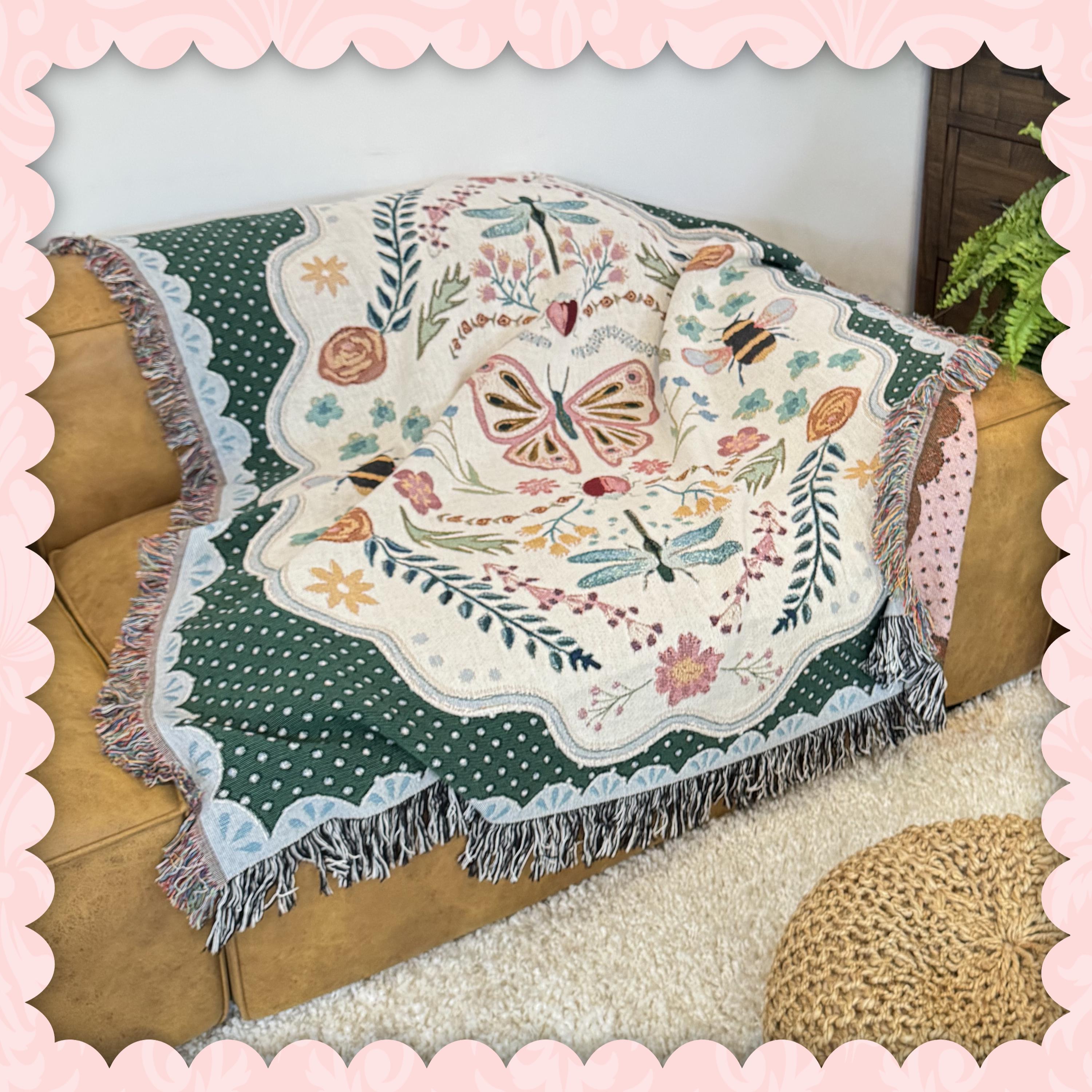 Coquette Woven Cotton Blanket: Cottagecore Aesthetic Wall Hanging Tapestry, College Apartment Aesthetic, Maximalist Decor Whimsical Room