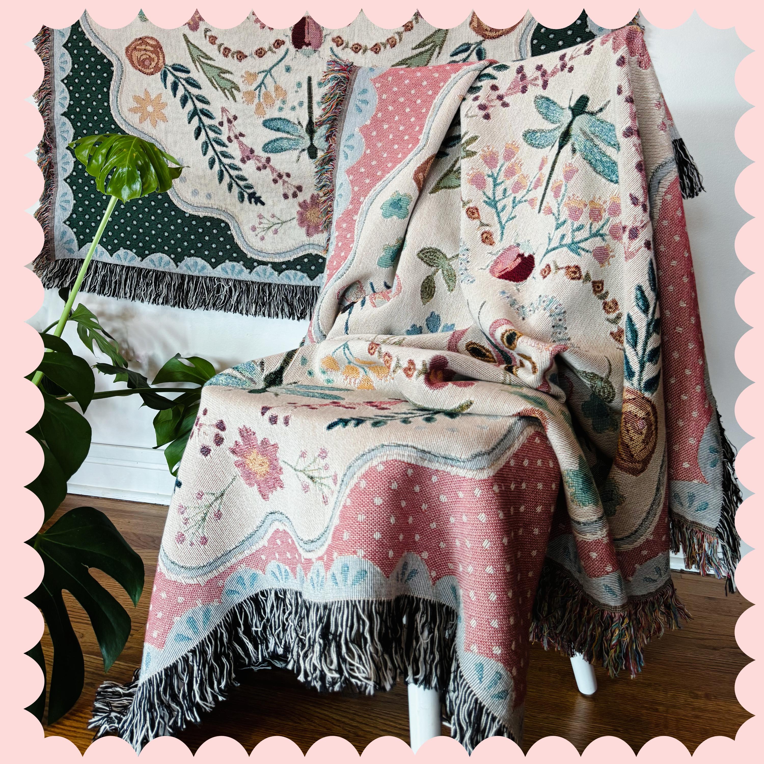Coquette Woven Cotton Blanket: Cottagecore Aesthetic Wall Hanging Tapestry, College Apartment Aesthetic, Maximalist Decor Whimsical Room