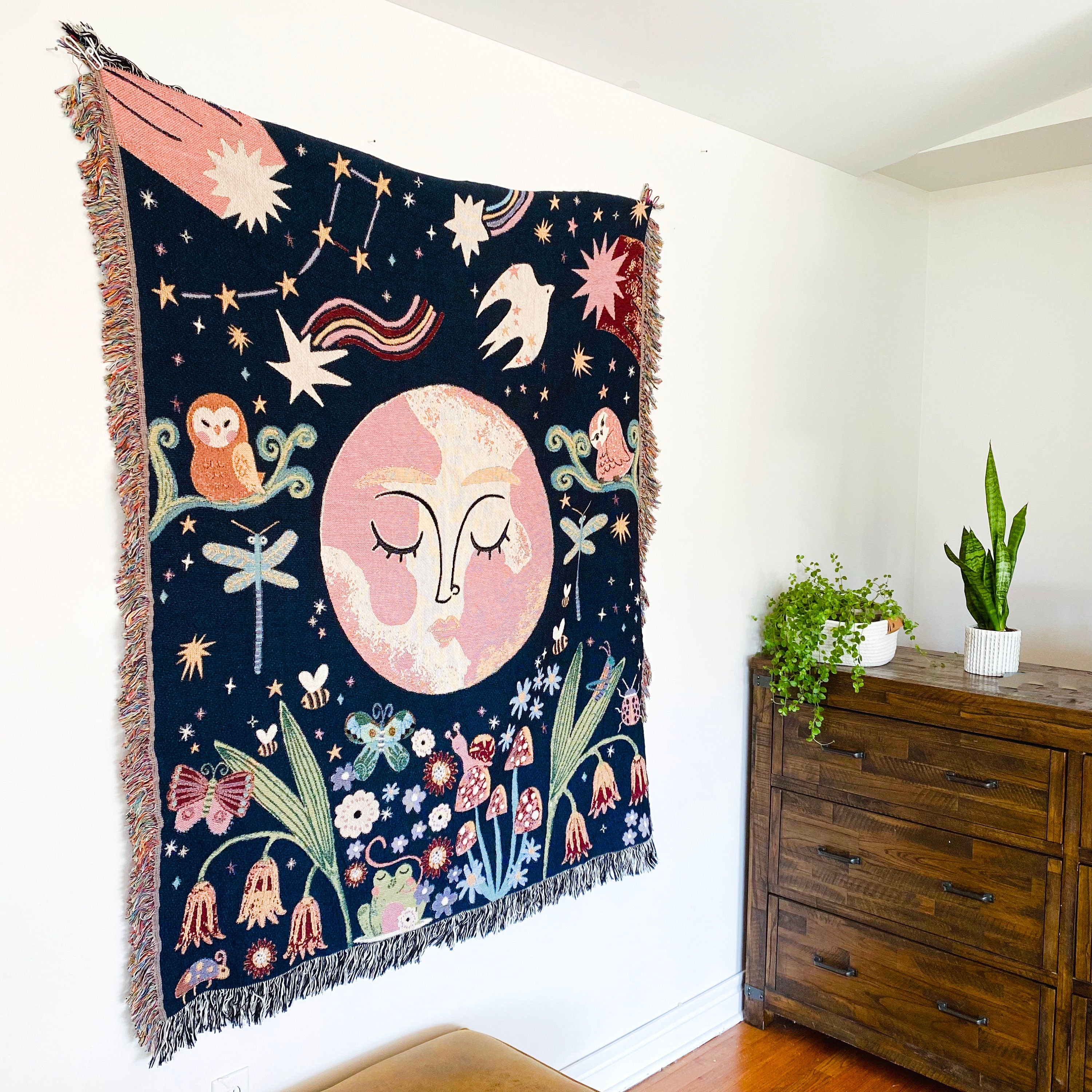 Whimsical Woven Blanket, Magical Forest Woven Tapestry, Decorative Throw, Garden Throw Blanket, Booknook Blanket, Moon Celestial Throw Couch