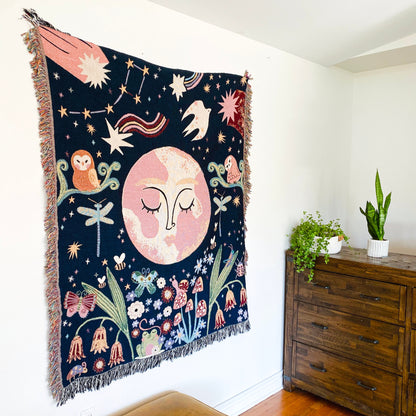 Whimsical Woven Blanket, Magical Forest Woven Tapestry, Decorative Throw, Garden Throw Blanket, Booknook Blanket, Moon Celestial Throw Couch