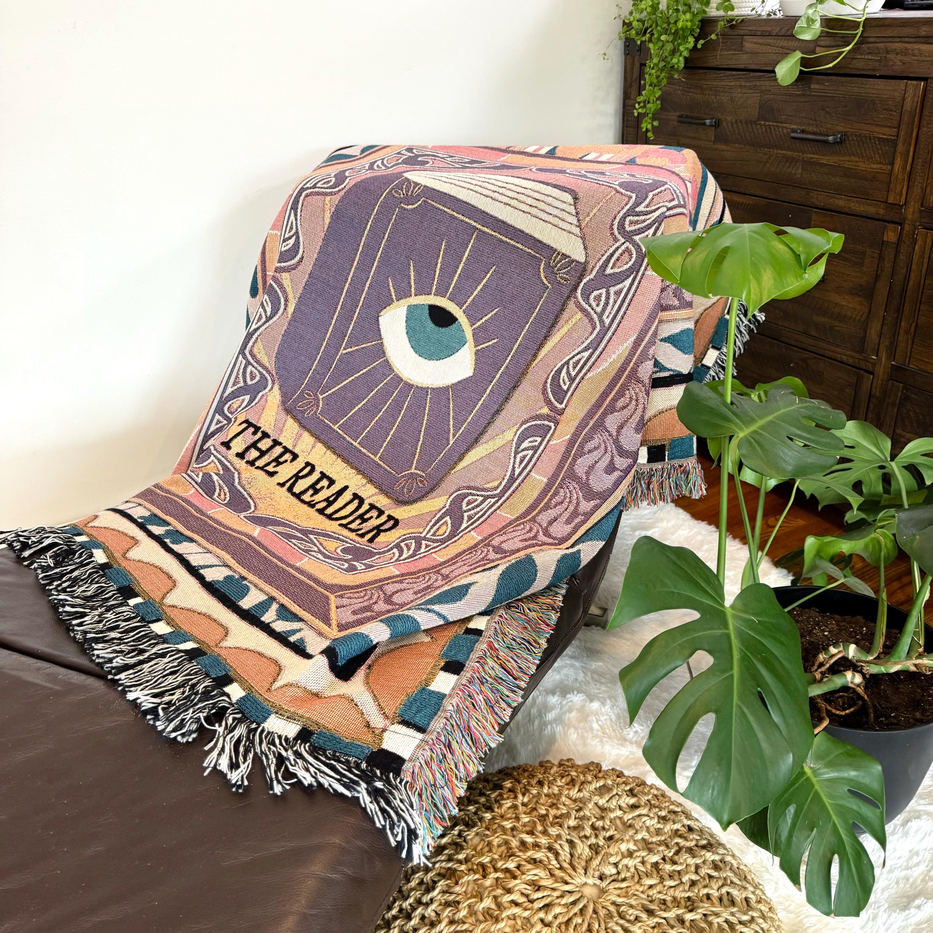 Tarot Card Reader Woven Throw Blanket, Book Nook Tapestry, Custom Tapestry For Readers, Maximalist Decor, Tarot Wall Tapestry, Custom Gift
