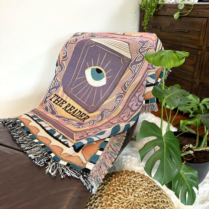 Tarot Card Reader Woven Throw Blanket, Book Nook Tapestry, Custom Tapestry For Readers, Maximalist Decor, Tarot Wall Tapestry, Custom Gift