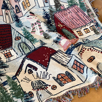 Personalized Family Holiday Decor. Winter Village Woven Throw Blanket. Personalized Christmas Gift. Christmas Tree Decor.