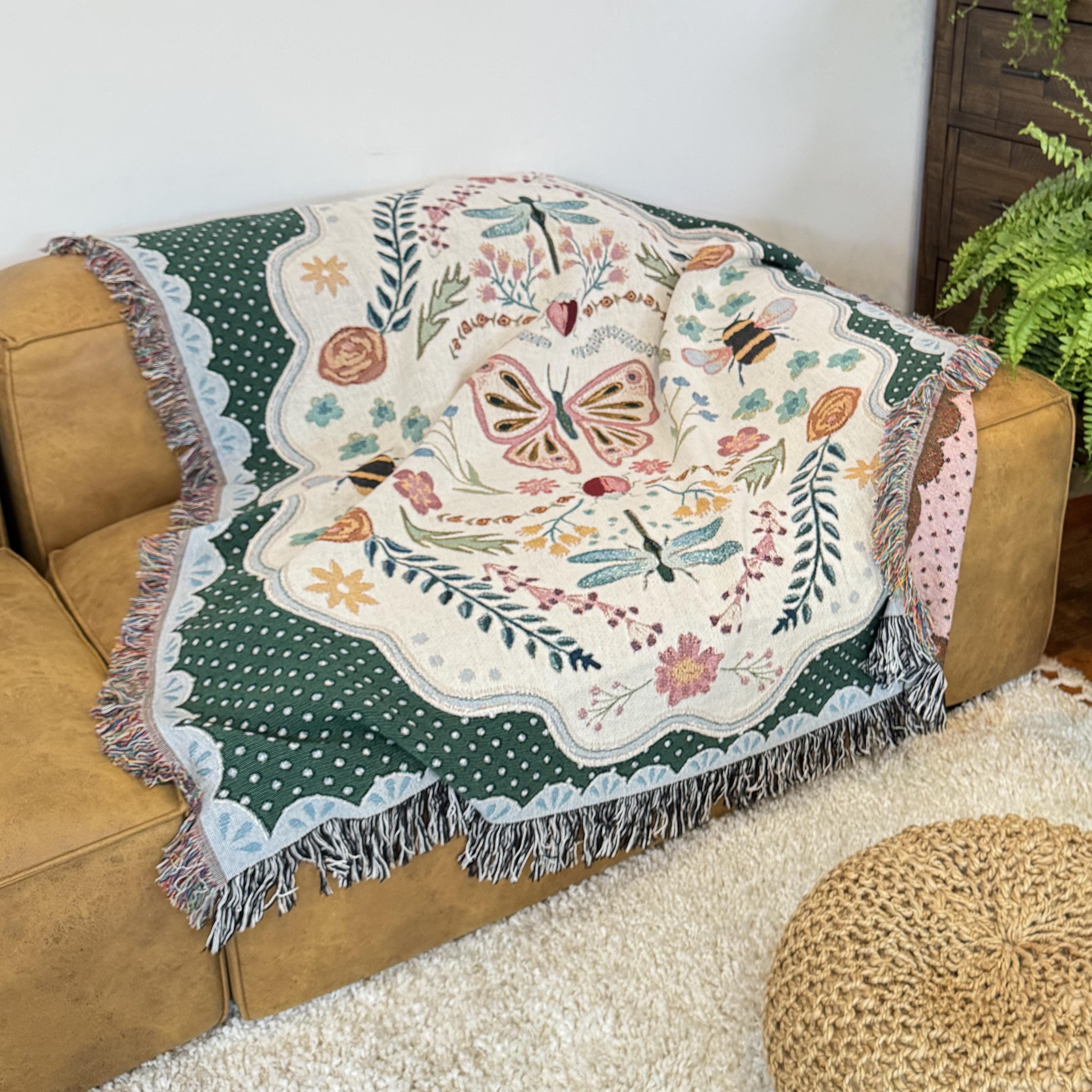 Coquette Woven Cotton Blanket: Cottagecore Aesthetic Wall Hanging Tapestry, College Apartment Aesthetic, Maximalist Decor Whimsical Room
