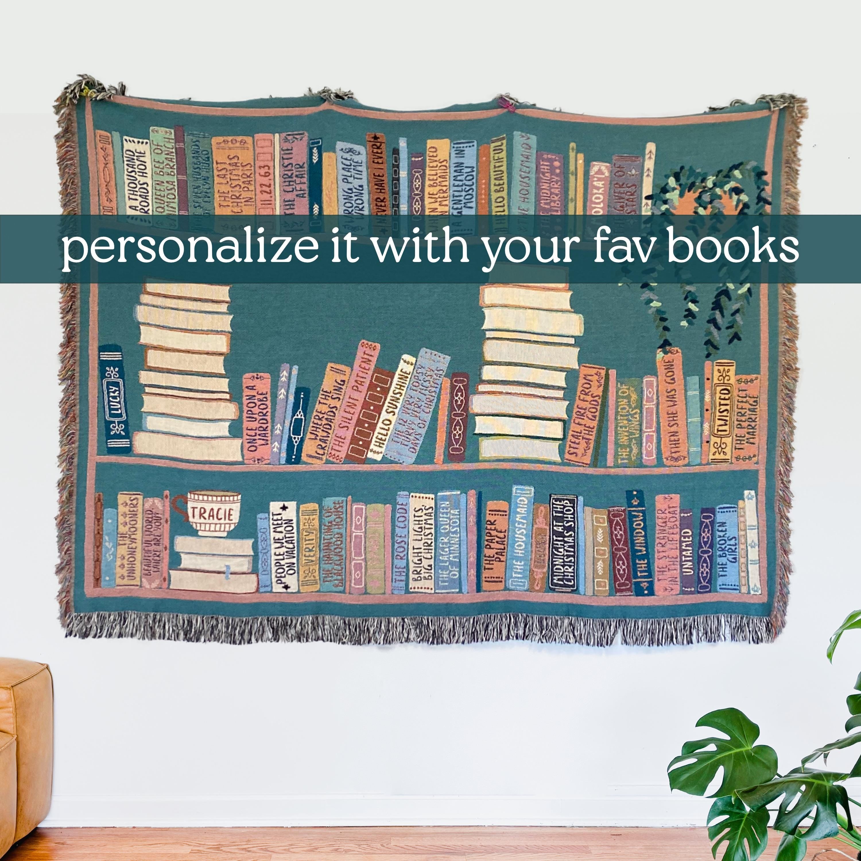 Book Lover Throw Blanket Bookish Woven Tapestry Personalized Gift For Readers Personalized Gift Bookshelf And Plants Decor