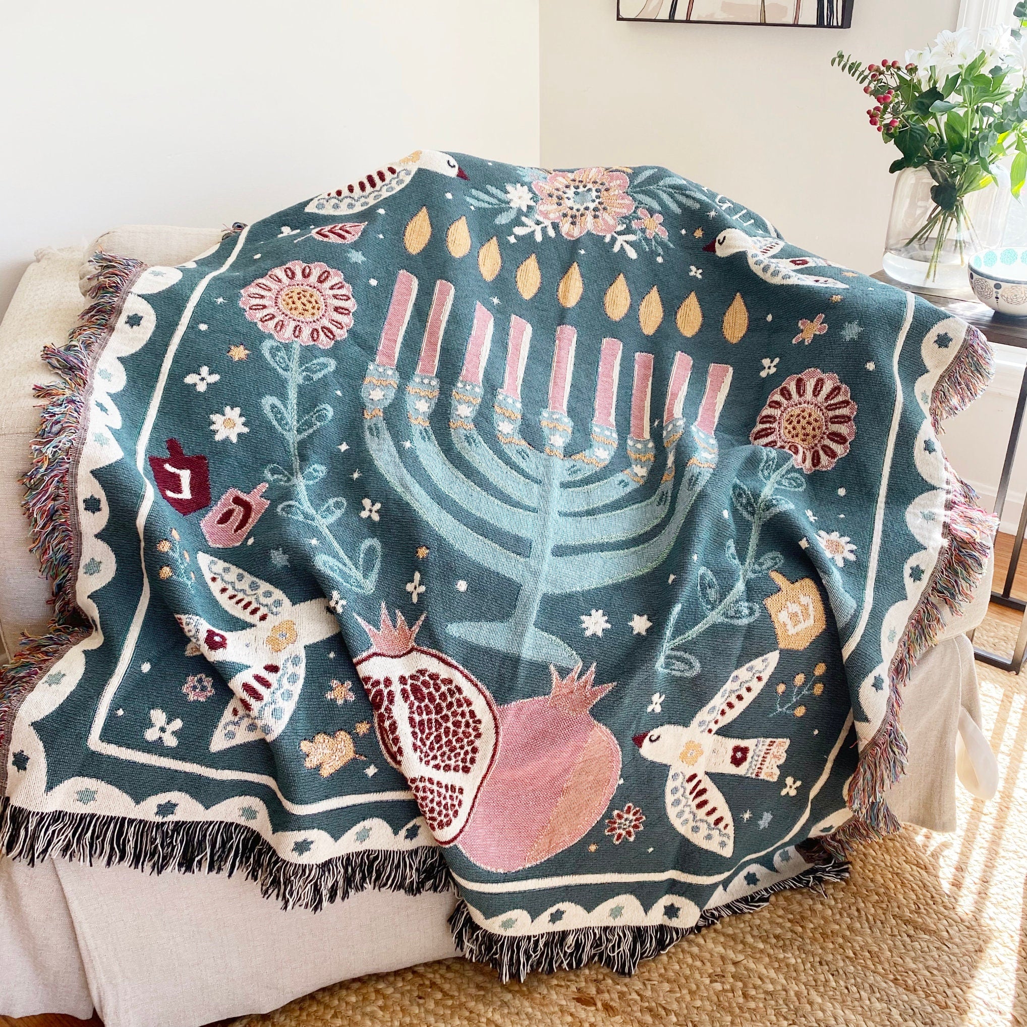 Jewish Heritage Decor Modern Jewish Art Hanukkah Throw Blanket Jewish Eclectic Home Blessing Gift Personalized Jewish Gift