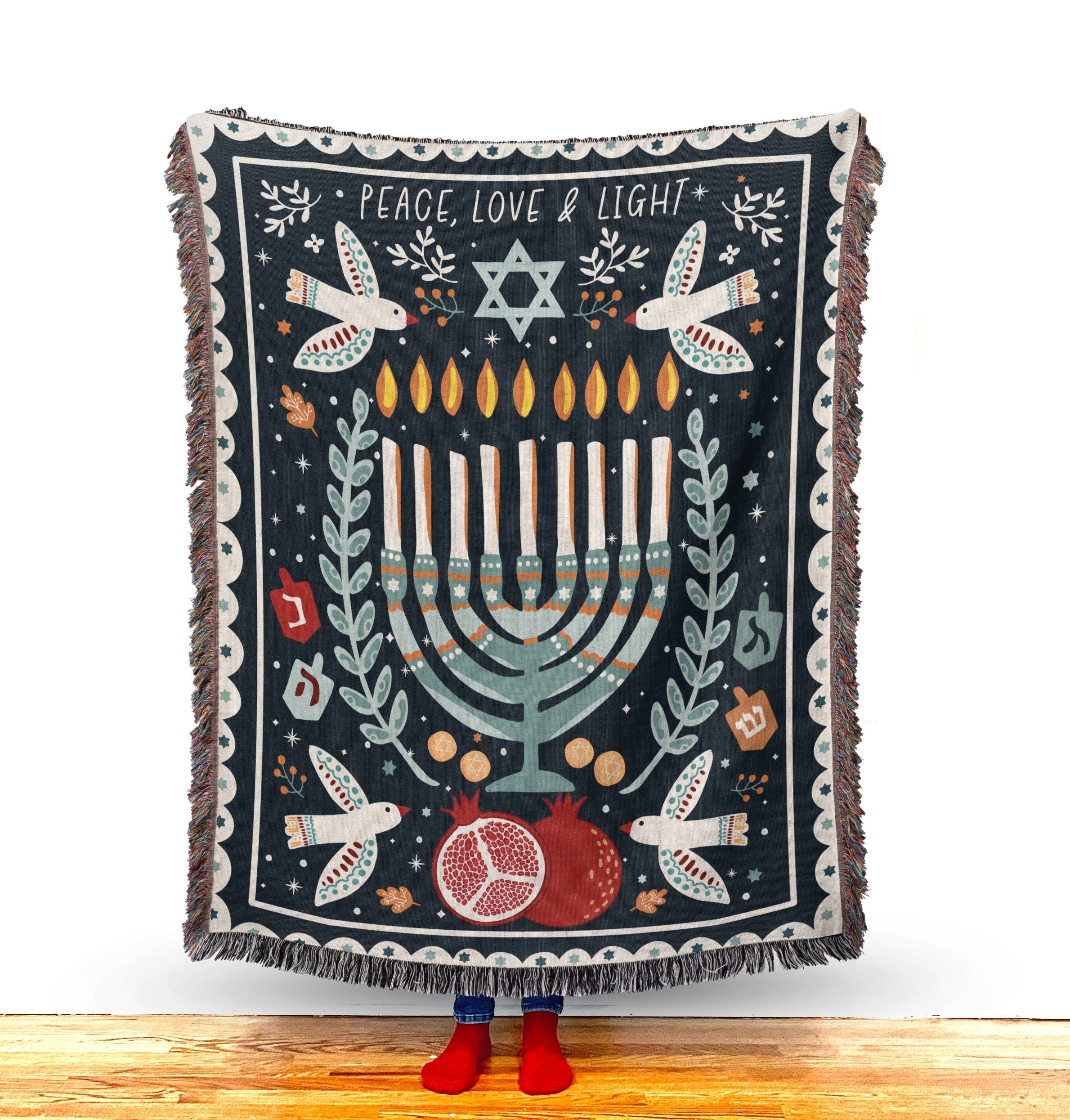 Bar Mitzvah Throw Blanket, Personalized Hebrew Gift, Modern Jewish Art, Peace, Gift For Bar Mitzvah
