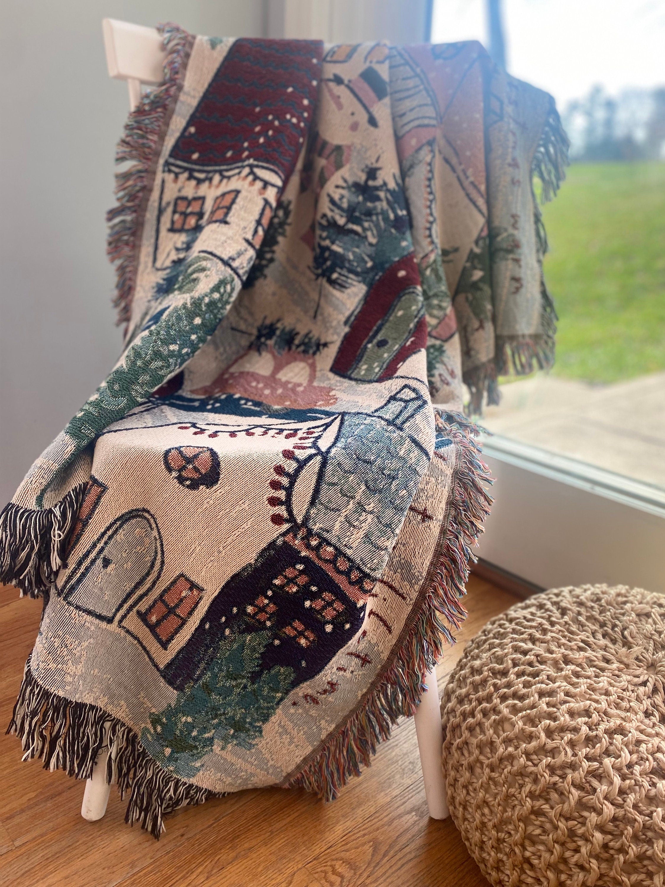 Holiday Cozy Decor. Winter Village Woven Throw Blanket. Personalized Christmas Gift. Christmas Tree Decor.