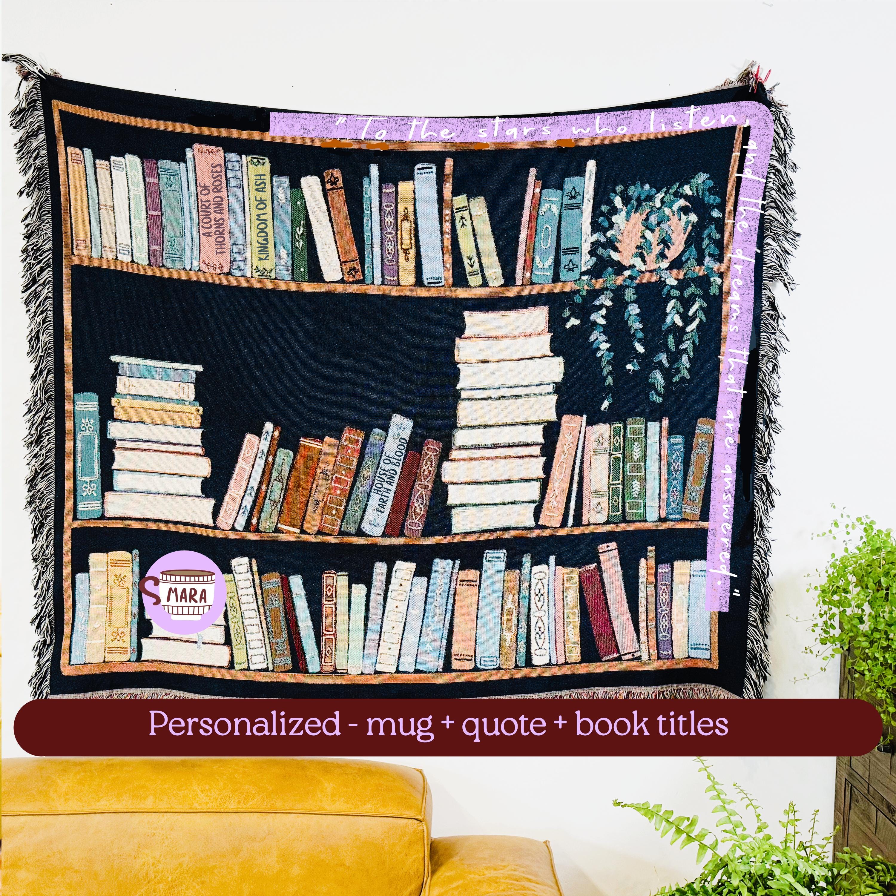 Book Lover Throw Blanket Bookish Woven Tapestry Personalized Gift For Readers Personalized Gift Bookshelf And Plants Decor