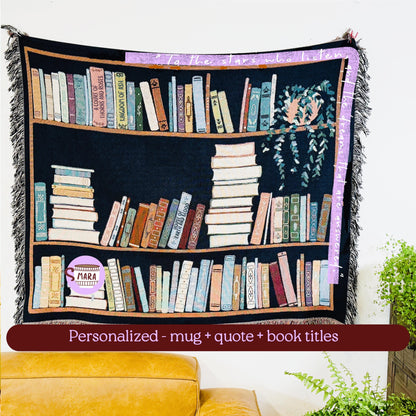 Book Lover Throw Blanket Bookish Woven Tapestry Personalized Gift For Readers Personalized Gift Bookshelf And Plants Decor