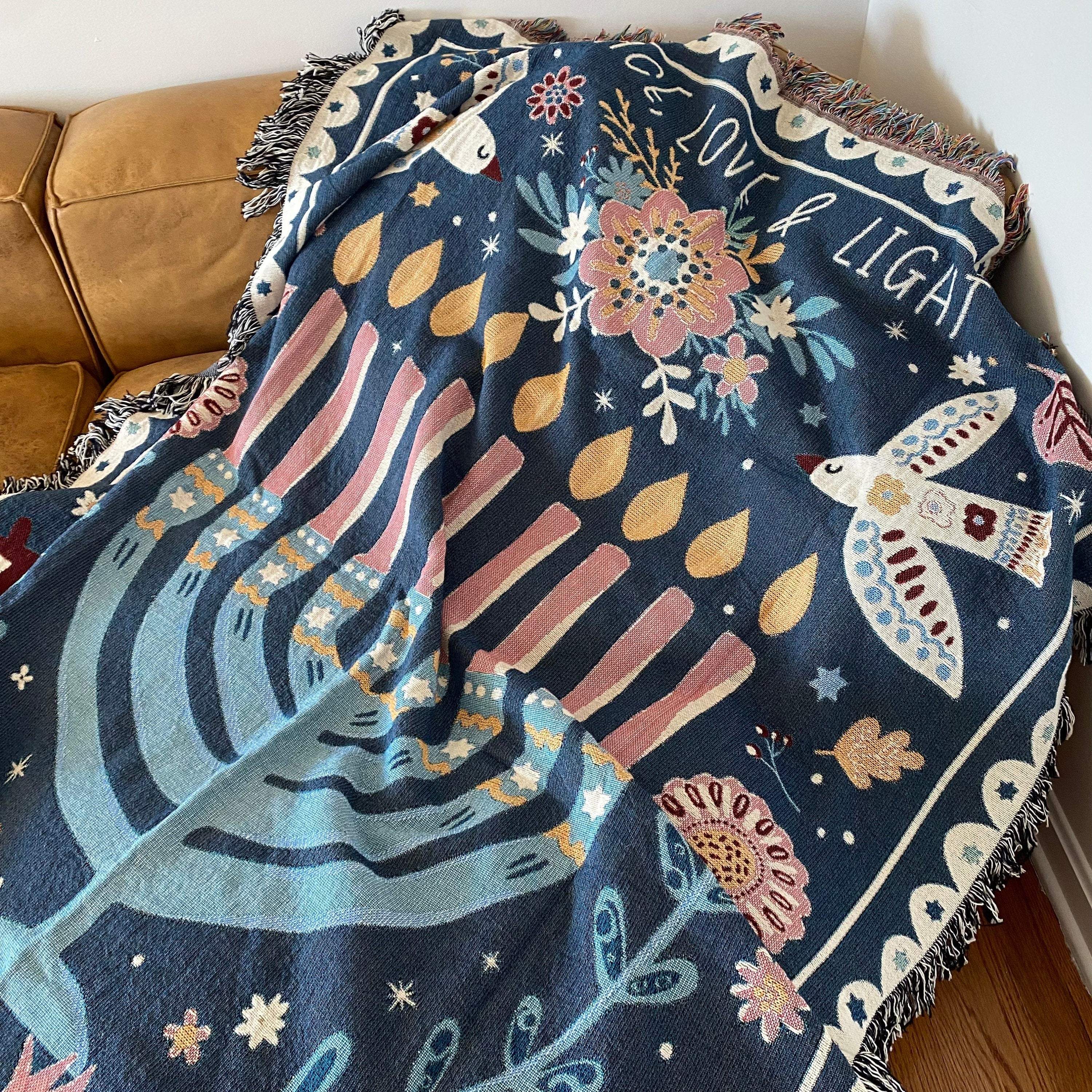 Personalized Menorah Woven Blanket, Judaica Home Blessing Gift,  Jewish Heritage & Solidarity, Personalized Hanukkah Gift, Pomegranate Decor