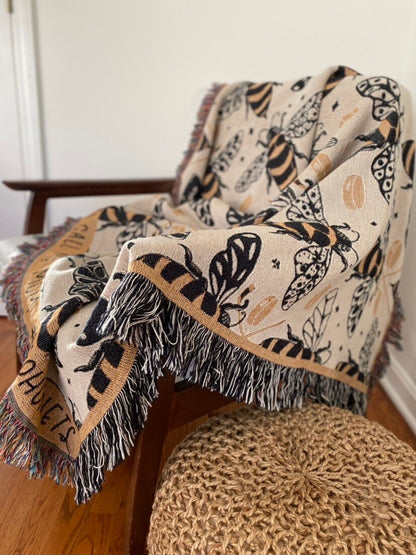 Woven Throw Blanket, Bees Hornets Tapestry. Hockey Personalized Gift. Eclectic Home Decor. Boho Home.