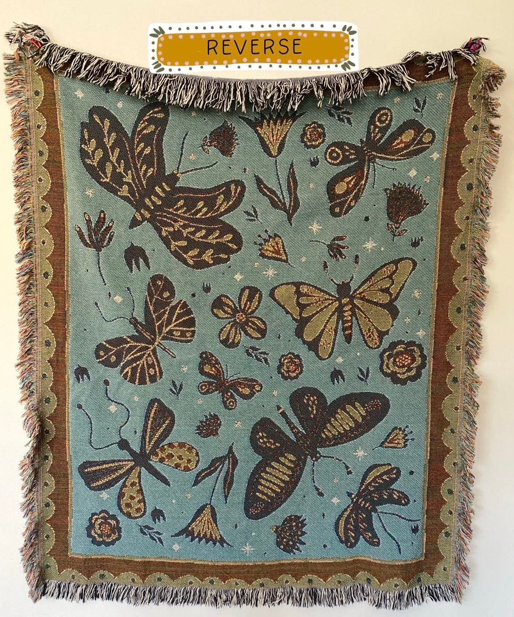 Butterflies and Moths Blanket, Modern Farmhouse Decor, Insect Tapestry Aesthetic Personalized Picnic Blanket, Book Nook Blanket, Hygge Decor