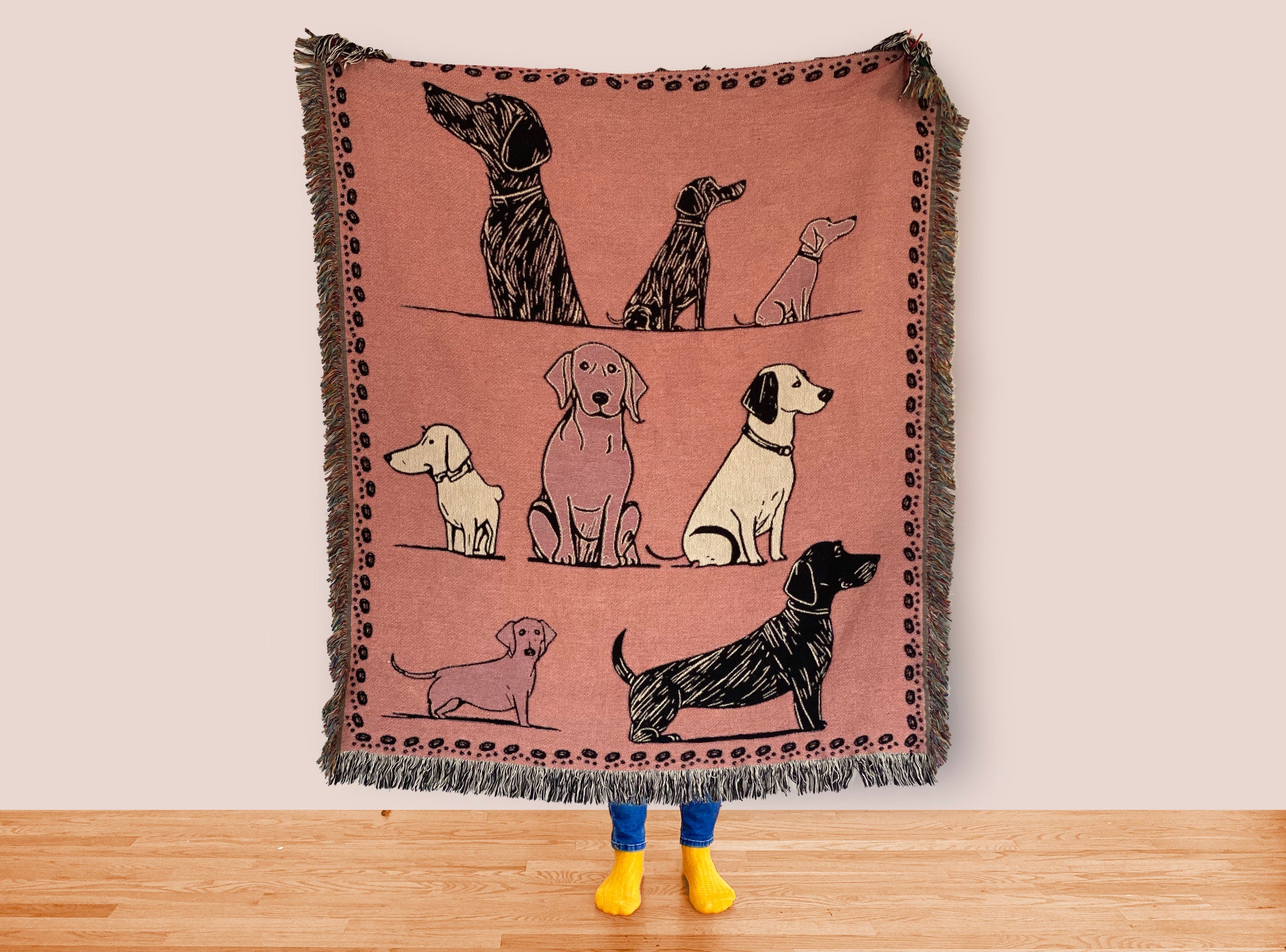 Pink Dog Throw Blanket: Woven Cotton Throw, Cute Gift For Dog Or Pet Lovers, Puppy Decor