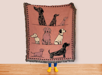 Pink Dog Throw Blanket: Woven Cotton Throw, Cute Gift For Dog Or Pet Lovers, Puppy Decor
