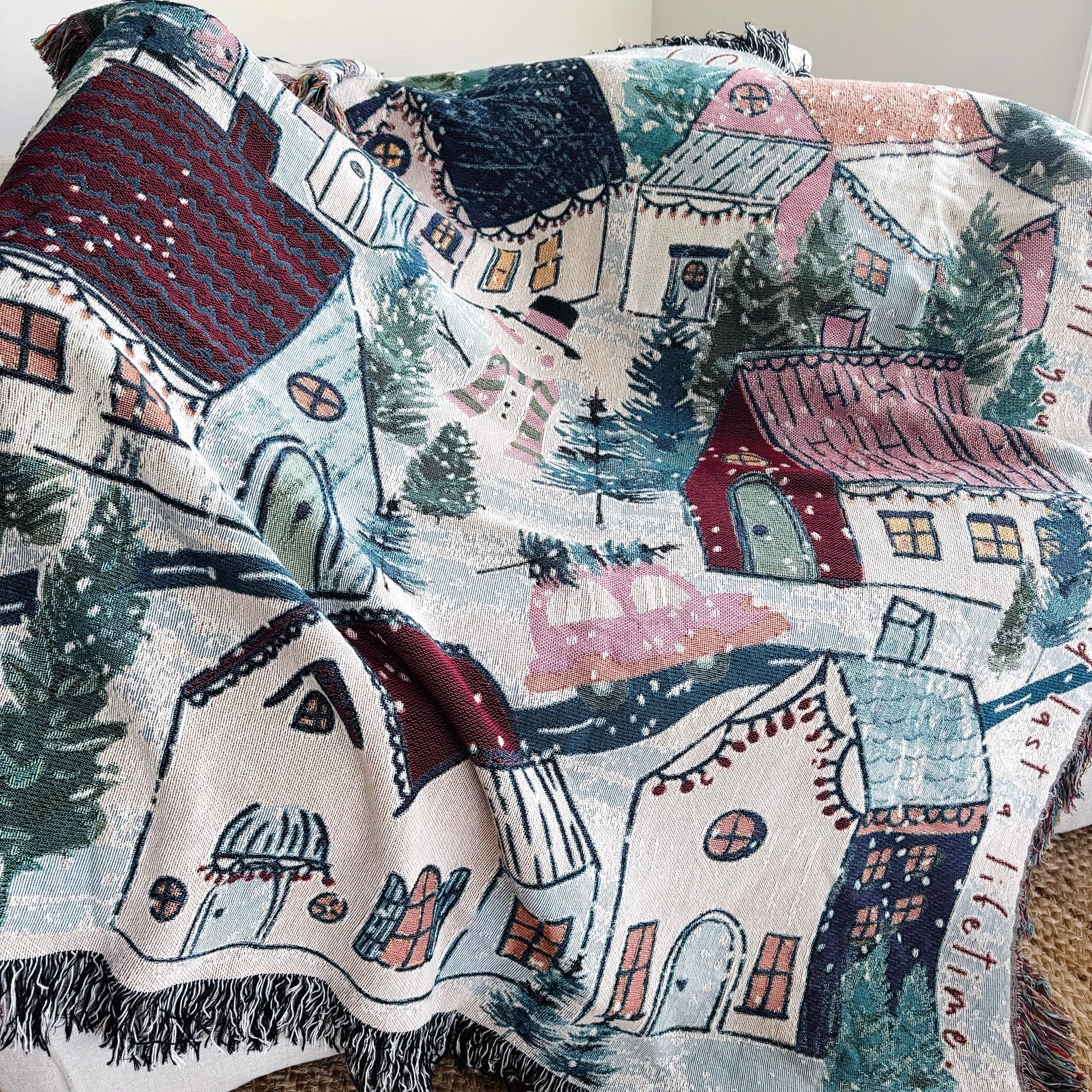 Personalized Family Holiday Decor. Winter Village Woven Throw Blanket. Personalized Christmas Gift. Christmas Tree Decor.