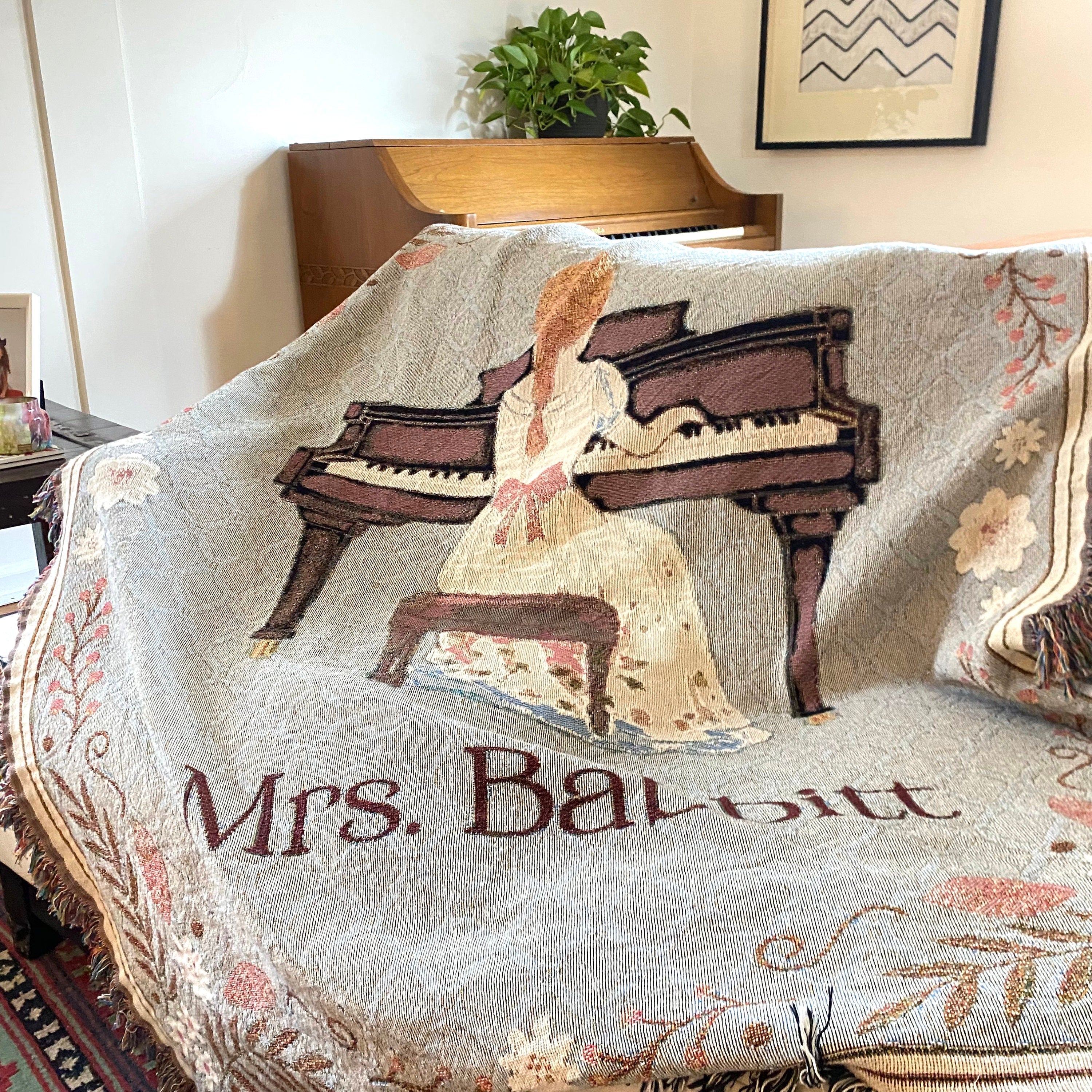 Personalized Book Nook Woven Blanket, Pride And Prejudice Cottagecore Blanket, Custom Reading Nook Piano Woven Tapestry, Coquette Room Decor