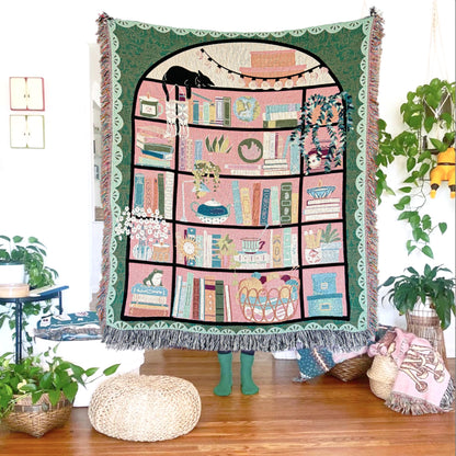 Bookshelf Throw Blanket: Bookish Woven Tapestry, Personalized Gift For Readers, Custom Housewarming Gift, Book Lover Wall Hanging Tapestry