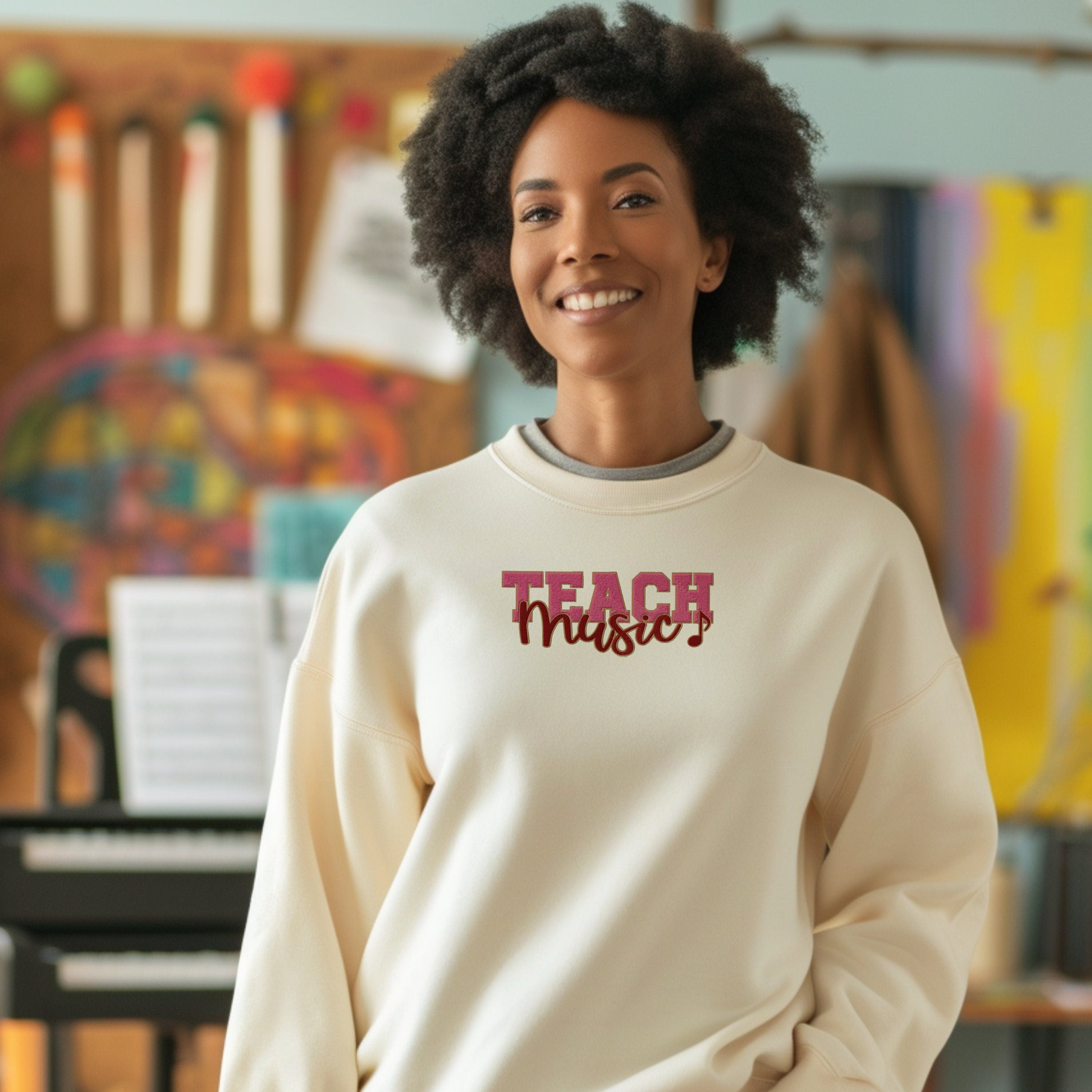 Embroidered Teach Music Sweatshirt, Music Teacher Gift, Teacher Appreciation Gift, Sand Color Sweatshirt, Gift For The Music Lover
