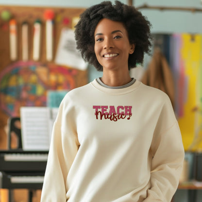 Embroidered Teach Music Sweatshirt, Music Teacher Gift, Teacher Appreciation Gift, Sand Color Sweatshirt, Gift For The Music Lover