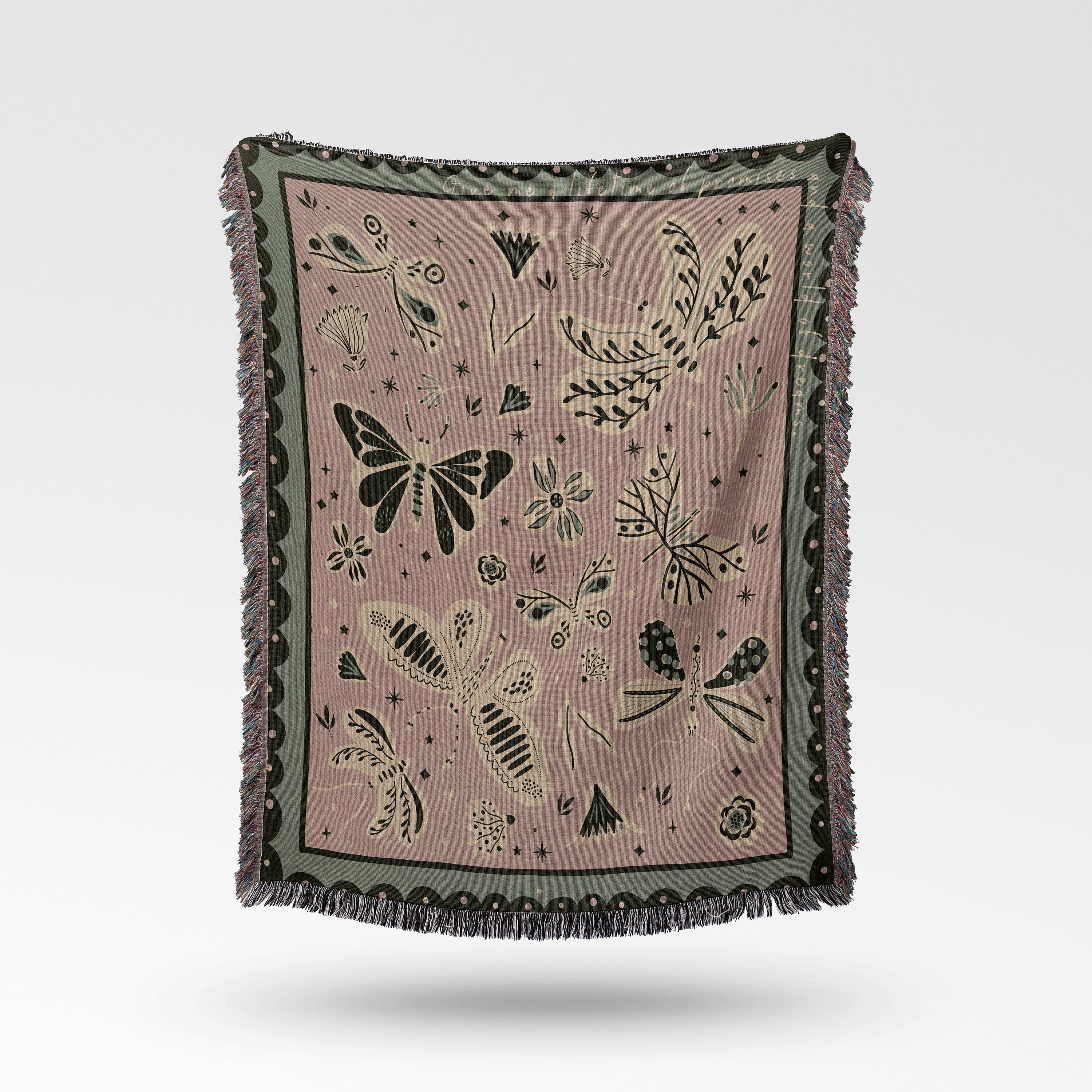 Woven Throw Blanket, Moths Tapestry, Butterfly Decor. Pink And Green Personalized Gift. Eclectic Home Decor. Boho Home