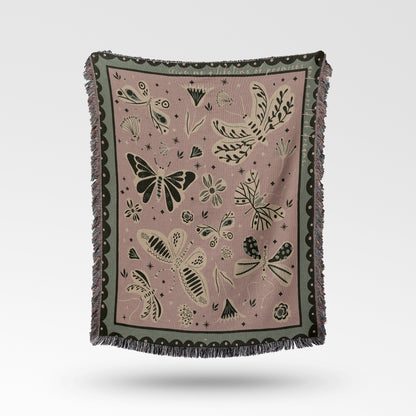 Woven Throw Blanket, Moths Tapestry, Butterfly Decor. Pink And Green Personalized Gift. Eclectic Home Decor. Boho Home