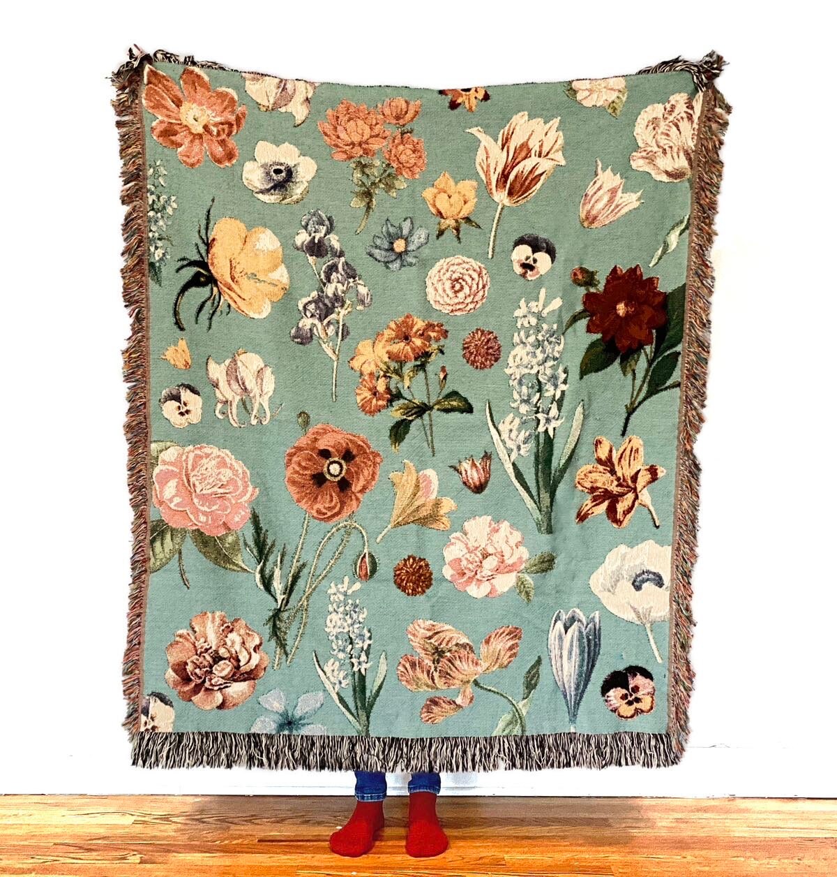 Picnic Blanket With Flowers Tapestry Personalized Wall Art Flowers Woven Throw Blanket Vintage Custom Engagement Gift