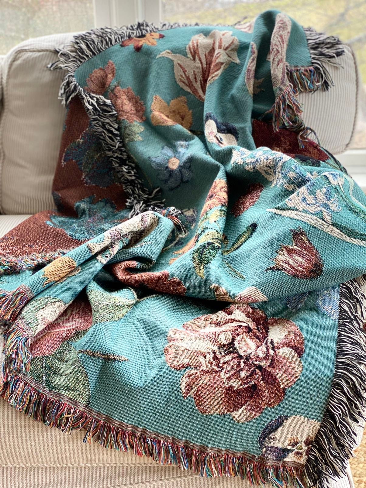 Picnic Blanket With Flowers Tapestry Personalized Wall Art Flowers Woven Throw Blanket Vintage Custom Engagement Gift