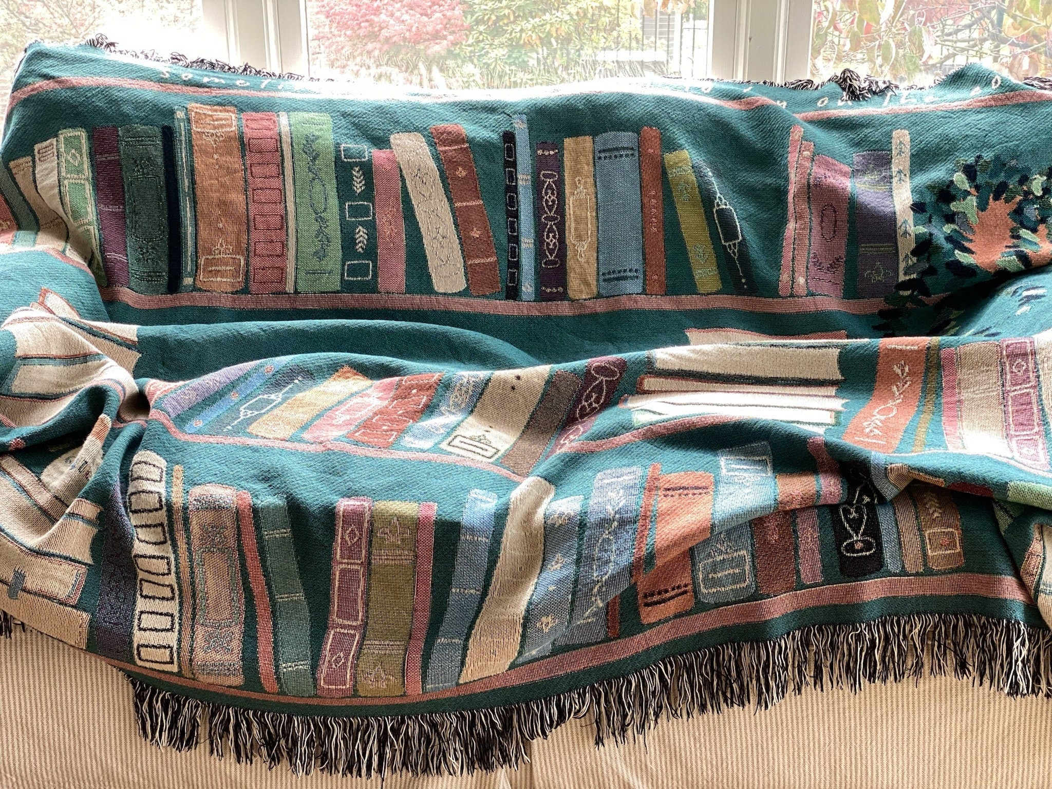 Book Lover Throw Blanket Bookish Woven Tapestry Personalized Gift For Readers Personalized Gift Bookshelf And Plants Decor