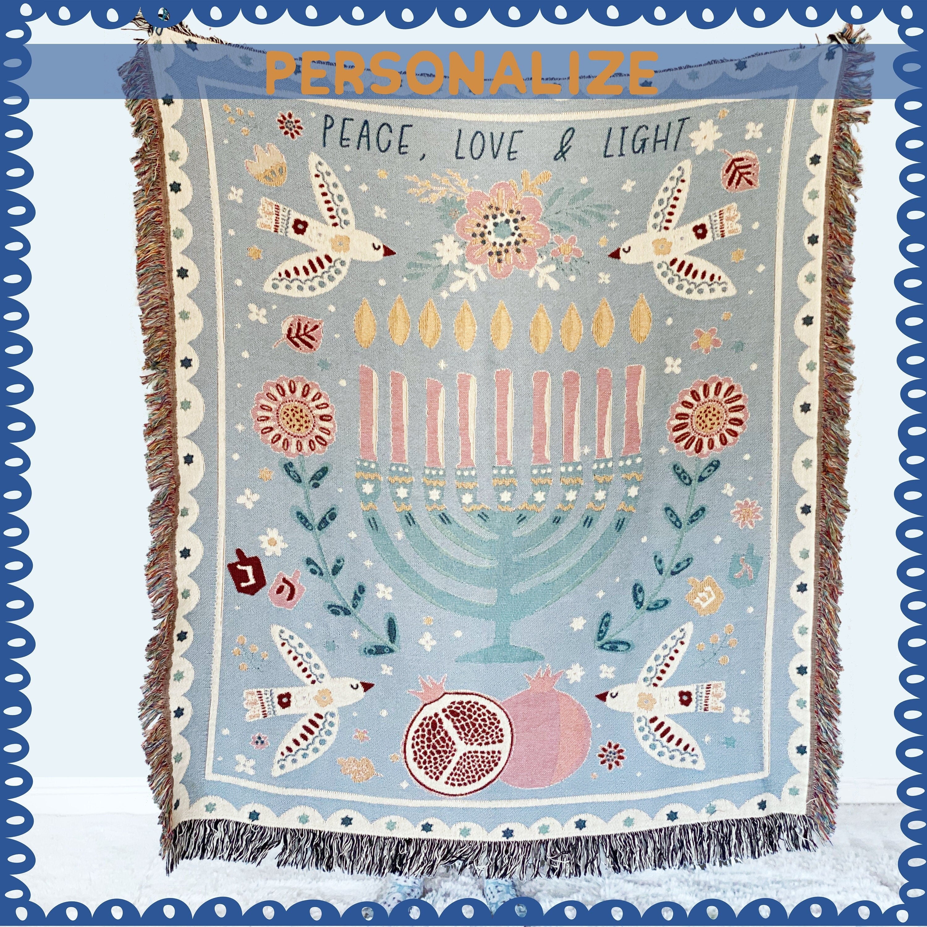Personalized Menorah Woven Blanket, Judaica Home Blessing Gift,  Jewish Heritage & Solidarity, Personalized Hanukkah Gift, Pomegranate Decor